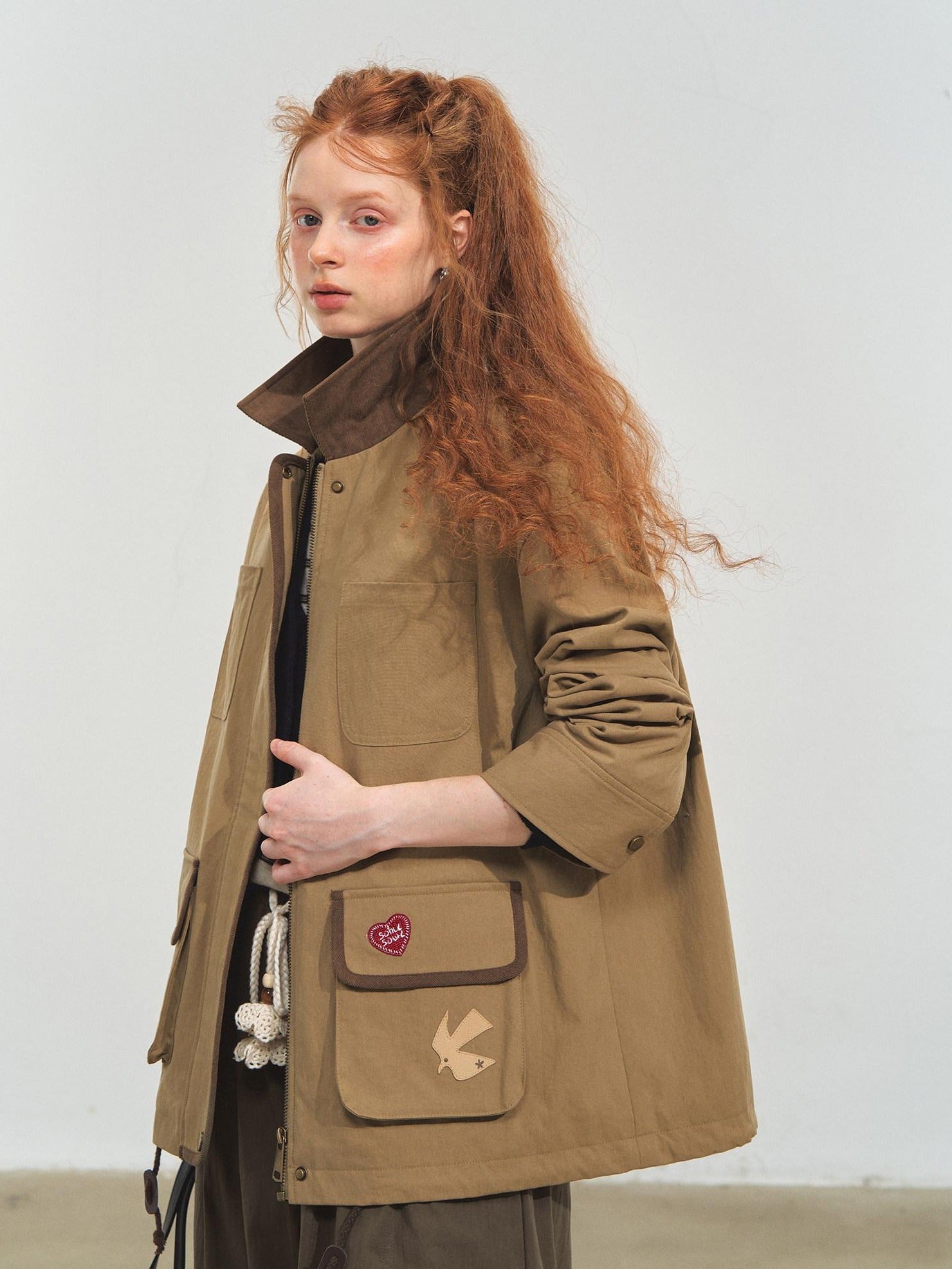 SOMESOWE Everyday Casual Loose Fit Flap Pocket Zip Front Women Khaki Navy Bomber Jackets