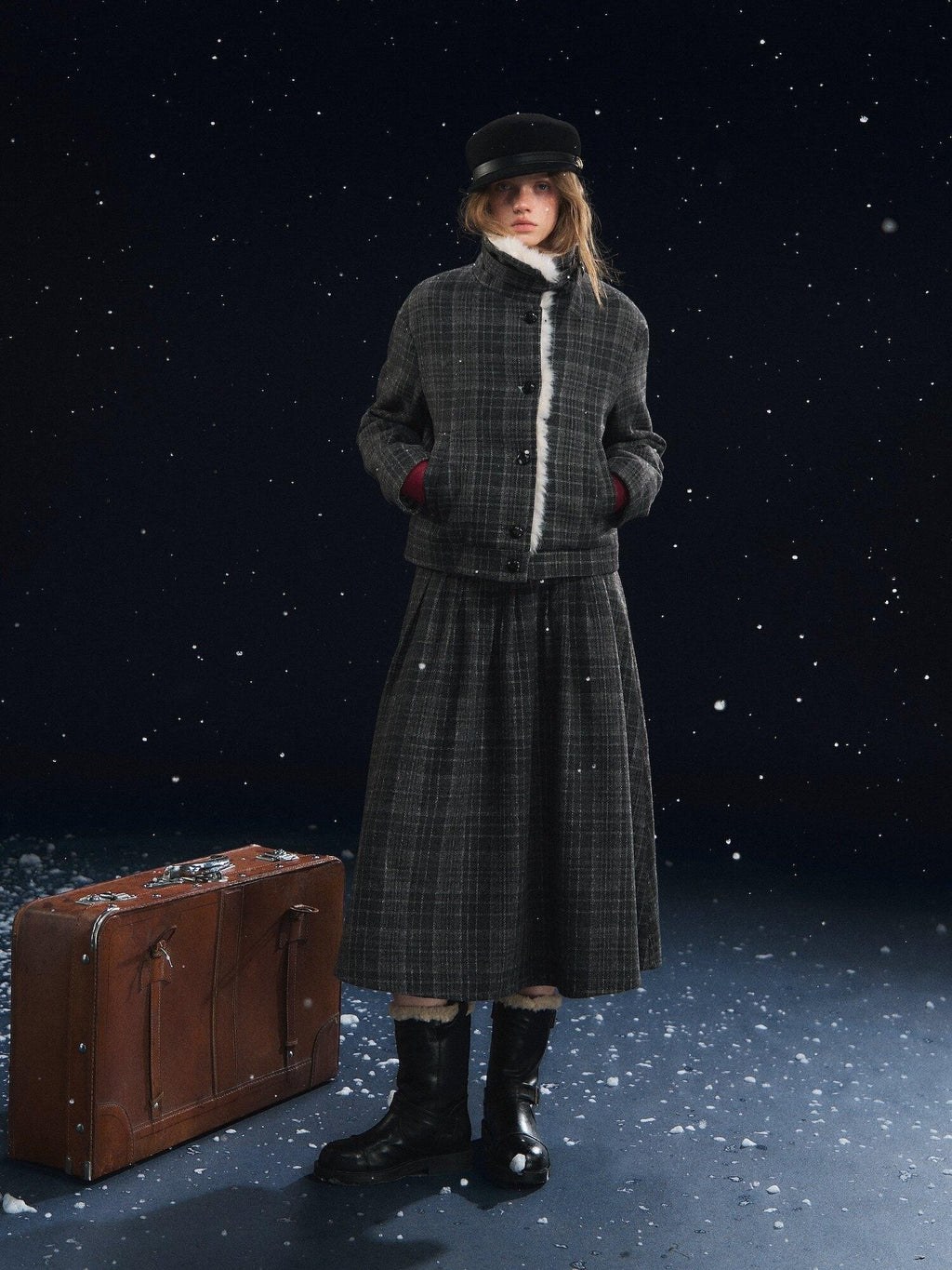 SOMESOWE Plaid Patchwork Oversized Jacket Loose Button Front Women Top & Skirt Sets