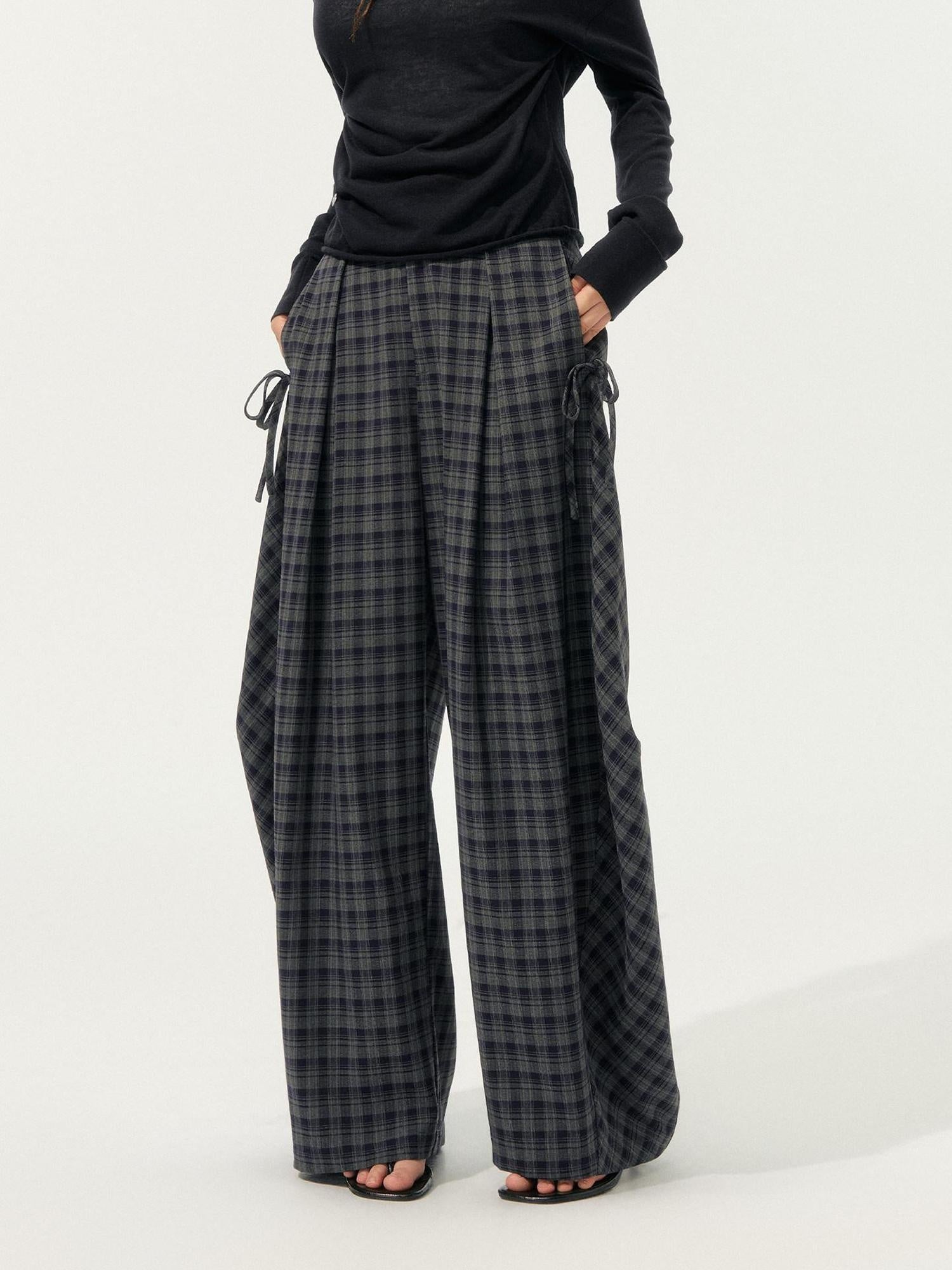 SOMESOWE Plaid Pocket Loose Fit Natural Waist Button Grey Casual Women Wide Leg Pants