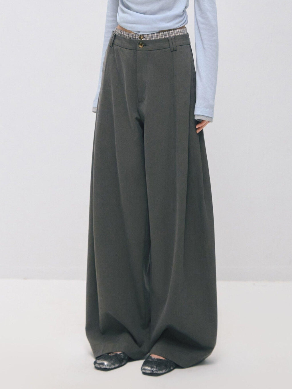 SOMESOWE Drawstring Pocket Relaxed Natural Waist Women Solid Khaki Grey Wide Leg Pants