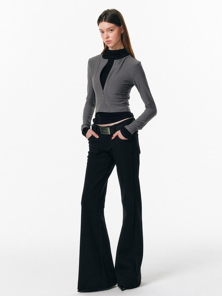 ALINNVSTUDIO Warm Low Rise Casual Zip Fly Slight Stretch Black Women Flared Pants