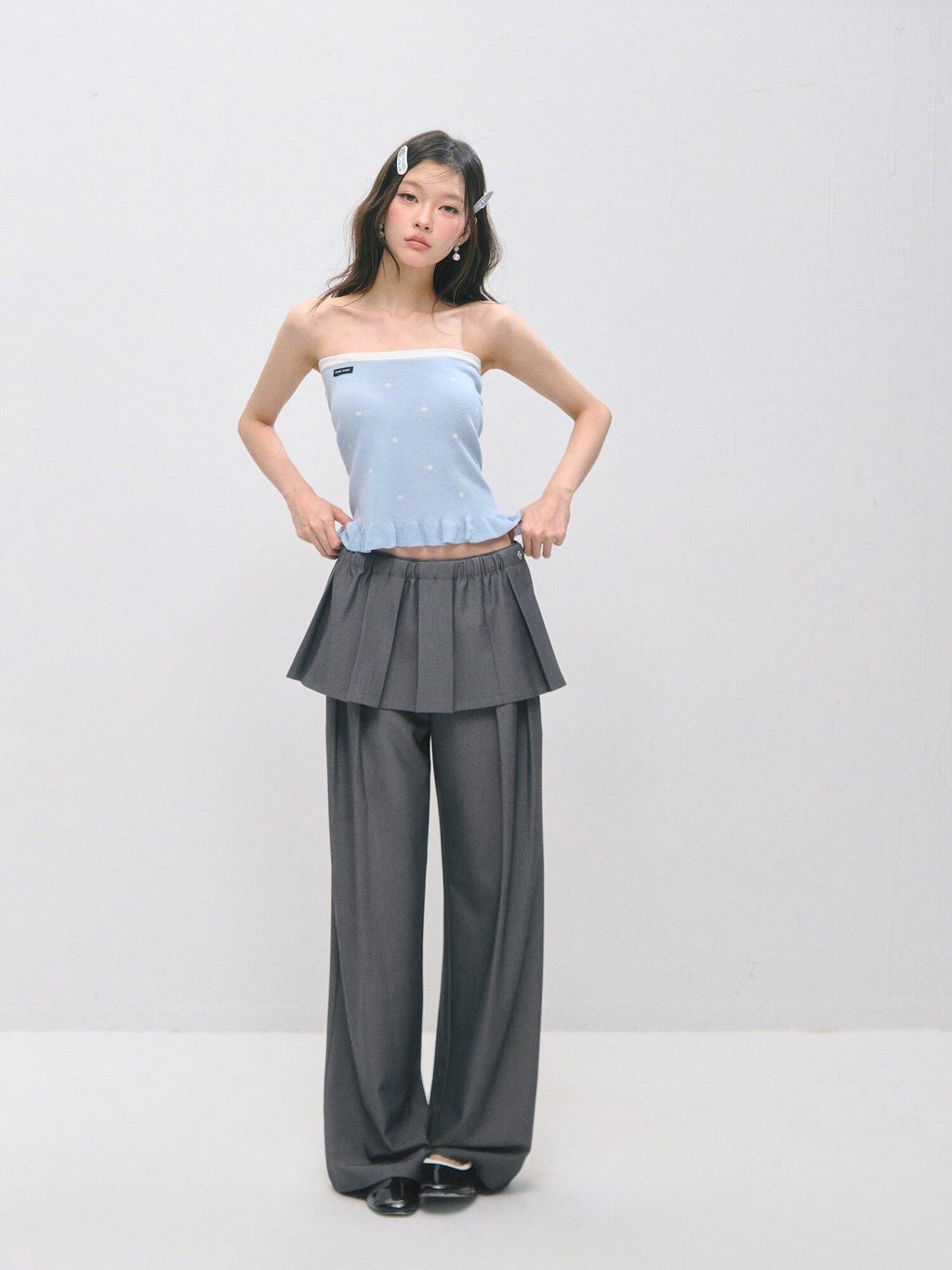 SOMESOWE Ruffle Collared Cardigan Long Sleeve Loose Fit Women Blue Top & Skirt Sets
