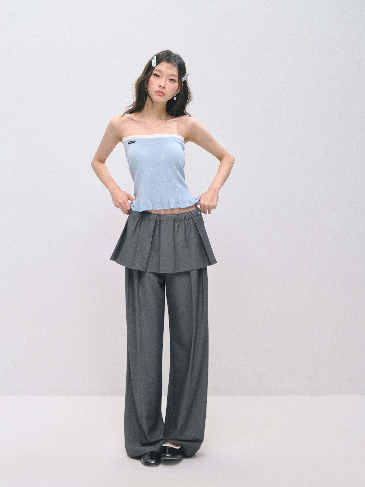SOMESOWE Ruffle Collared Cardigan Long Sleeve Loose Fit Women Blue Top & Skirt Sets