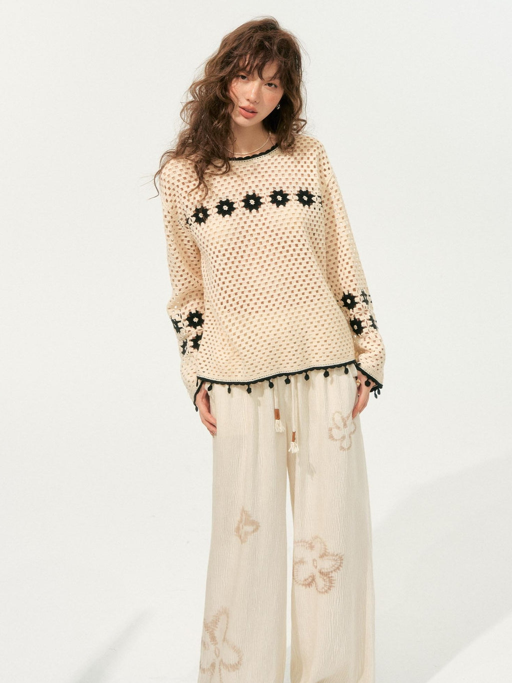 SOMESOWE Soft Acrylic Loose Openwork Knit Pullover Women Casual Round Neck Beige Sweaters