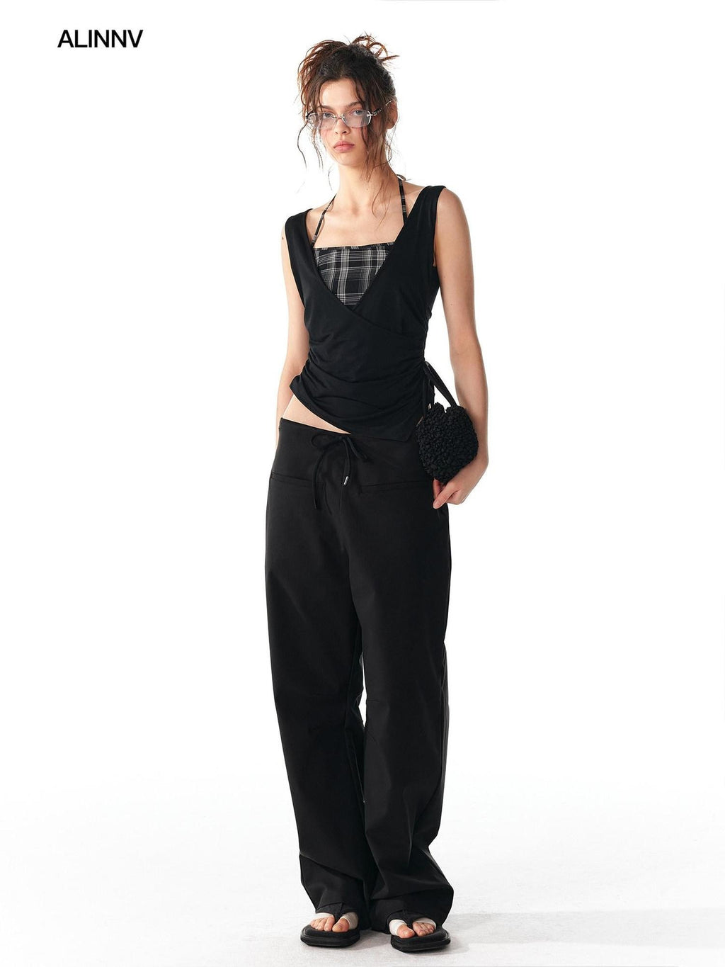 ALINNVSTUDIO Original Patchwork Design Slim Fit Modal Stretch Strappy Youth Black Tank Tops