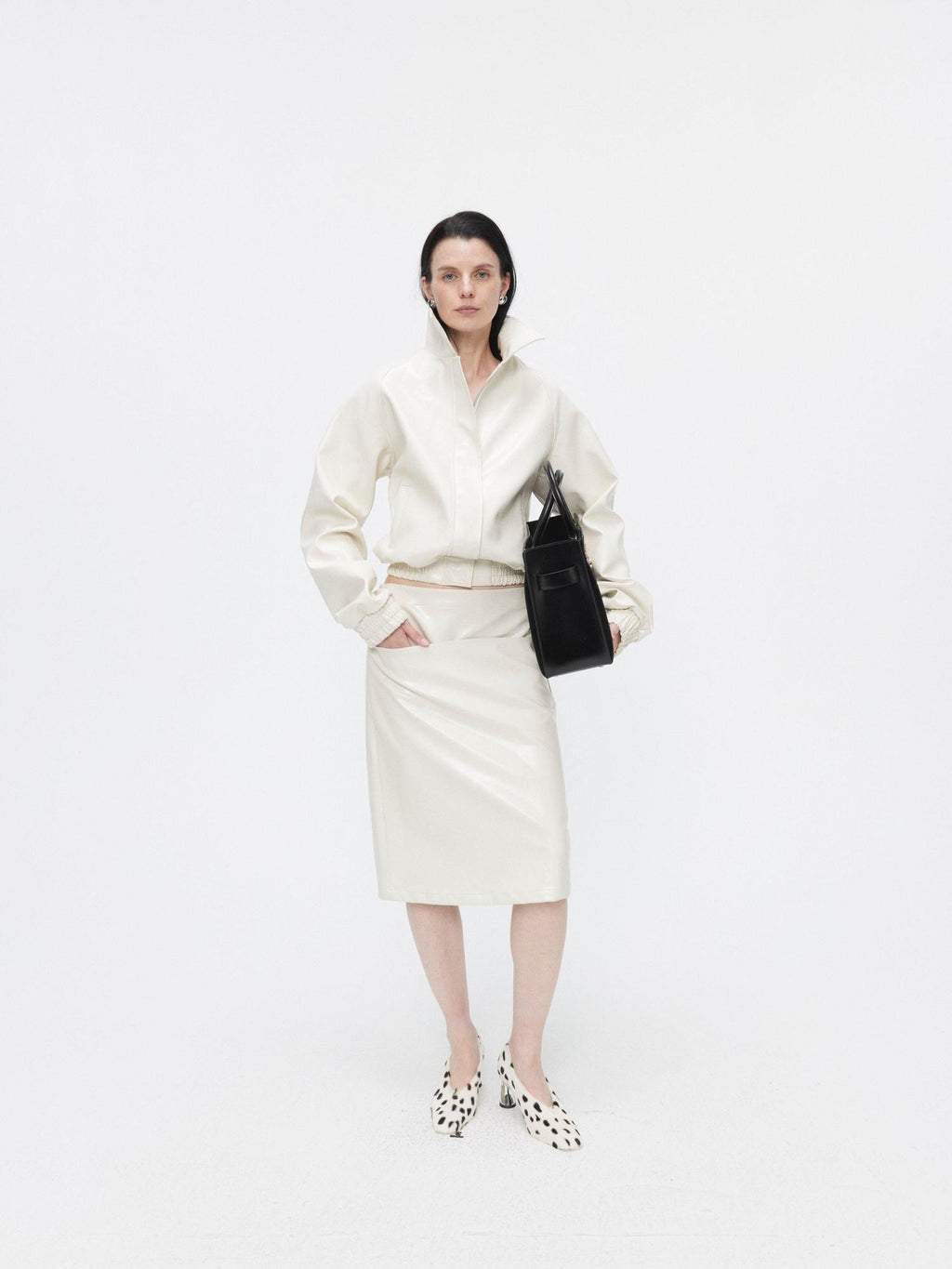 BUZHOU 3Pc Cropped Long Sleeve Loose Minimal Women White Leather Top & Skirt Sets