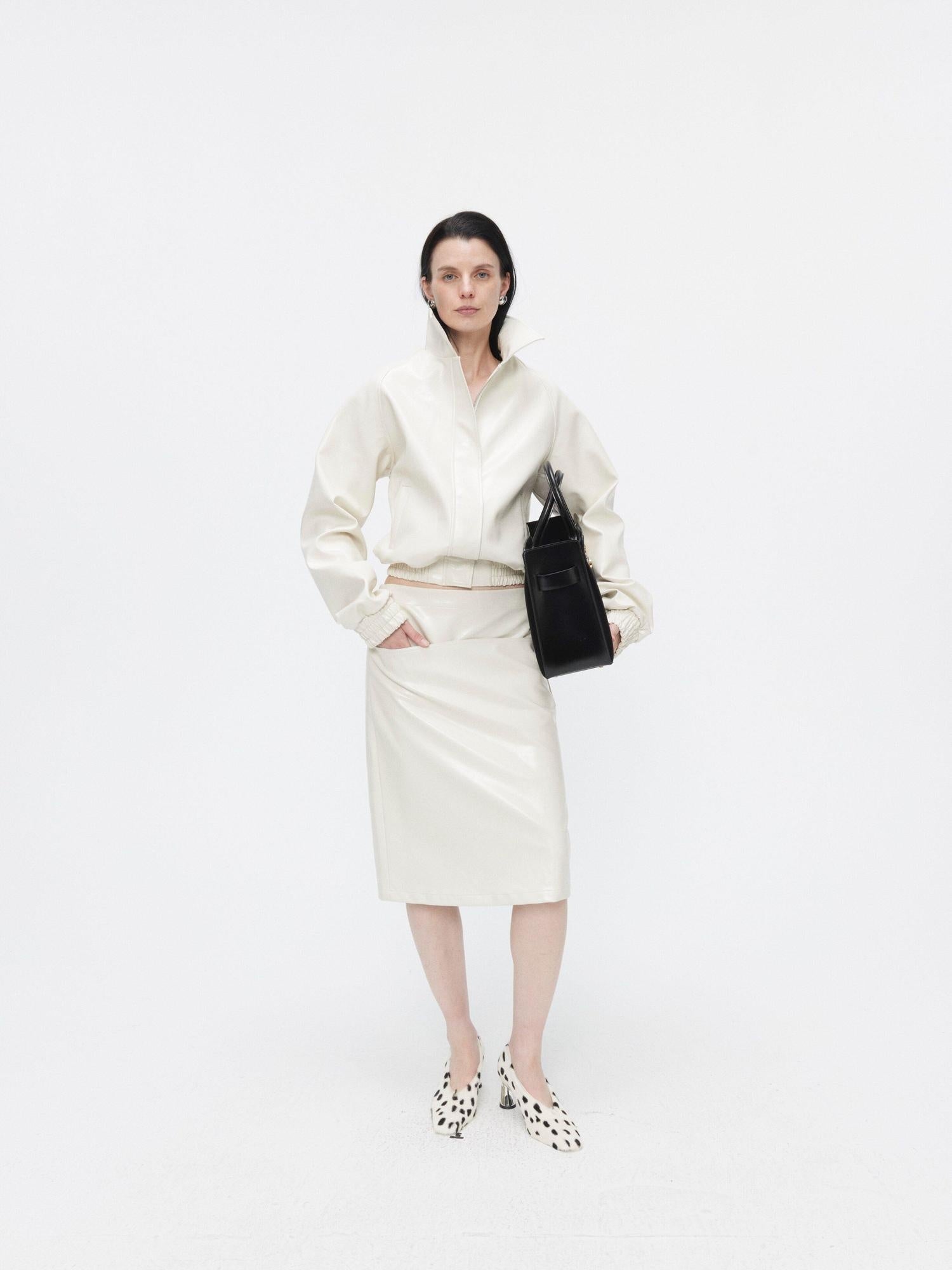 BUZHOU 3Pc Cropped Long Sleeve Loose Minimal Women White Leather Top & Skirt Sets