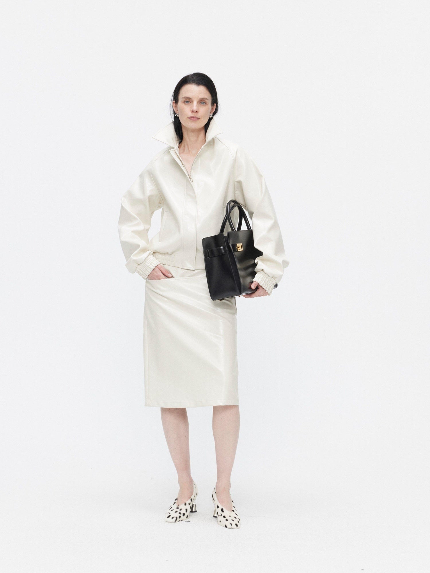 BUZHOU 3Pc Cropped Long Sleeve Loose Minimal Women White Leather Top & Skirt Sets