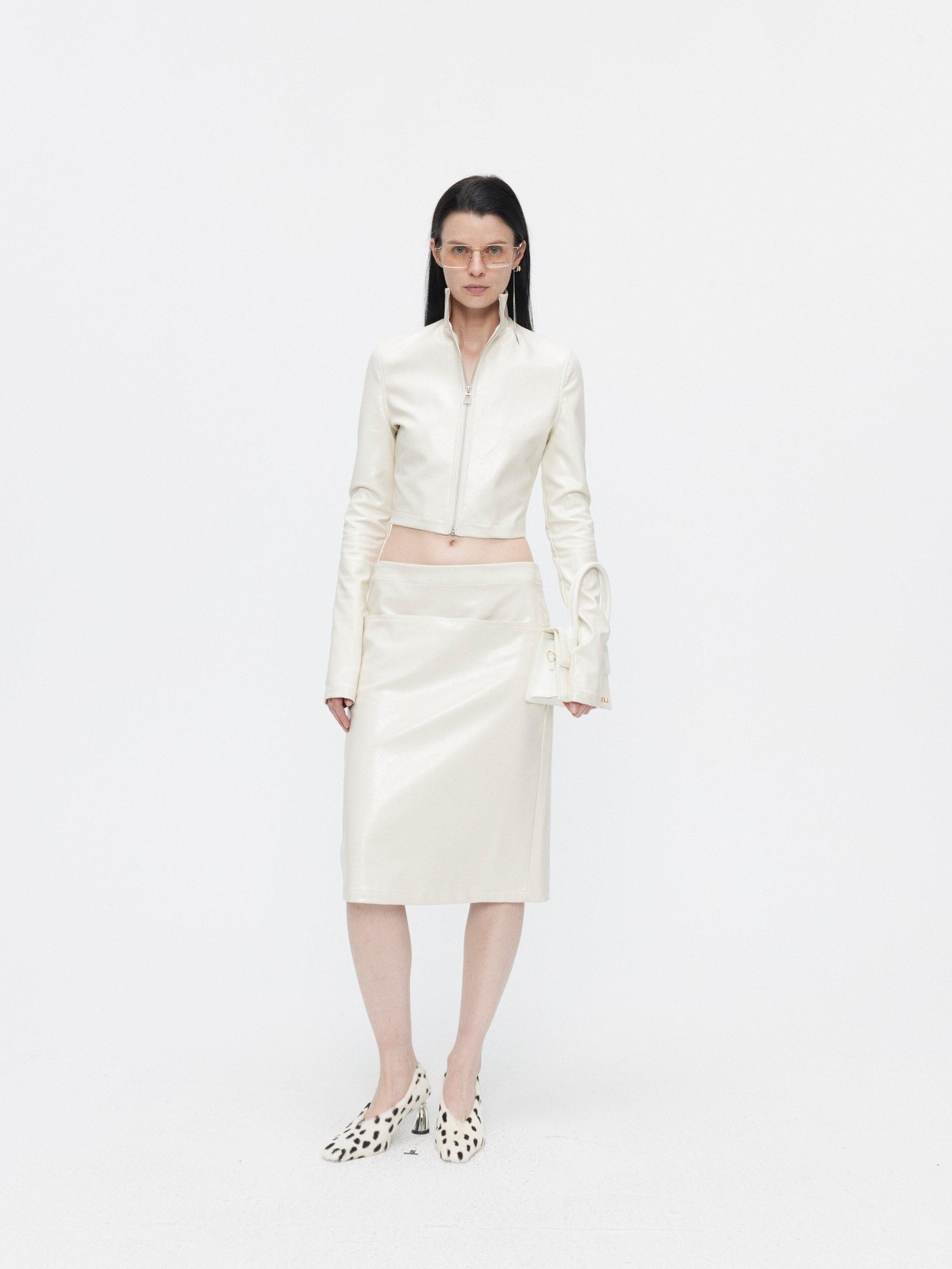 BUZHOU 3Pc Cropped Long Sleeve Loose Minimal Women White Leather Top & Skirt Sets