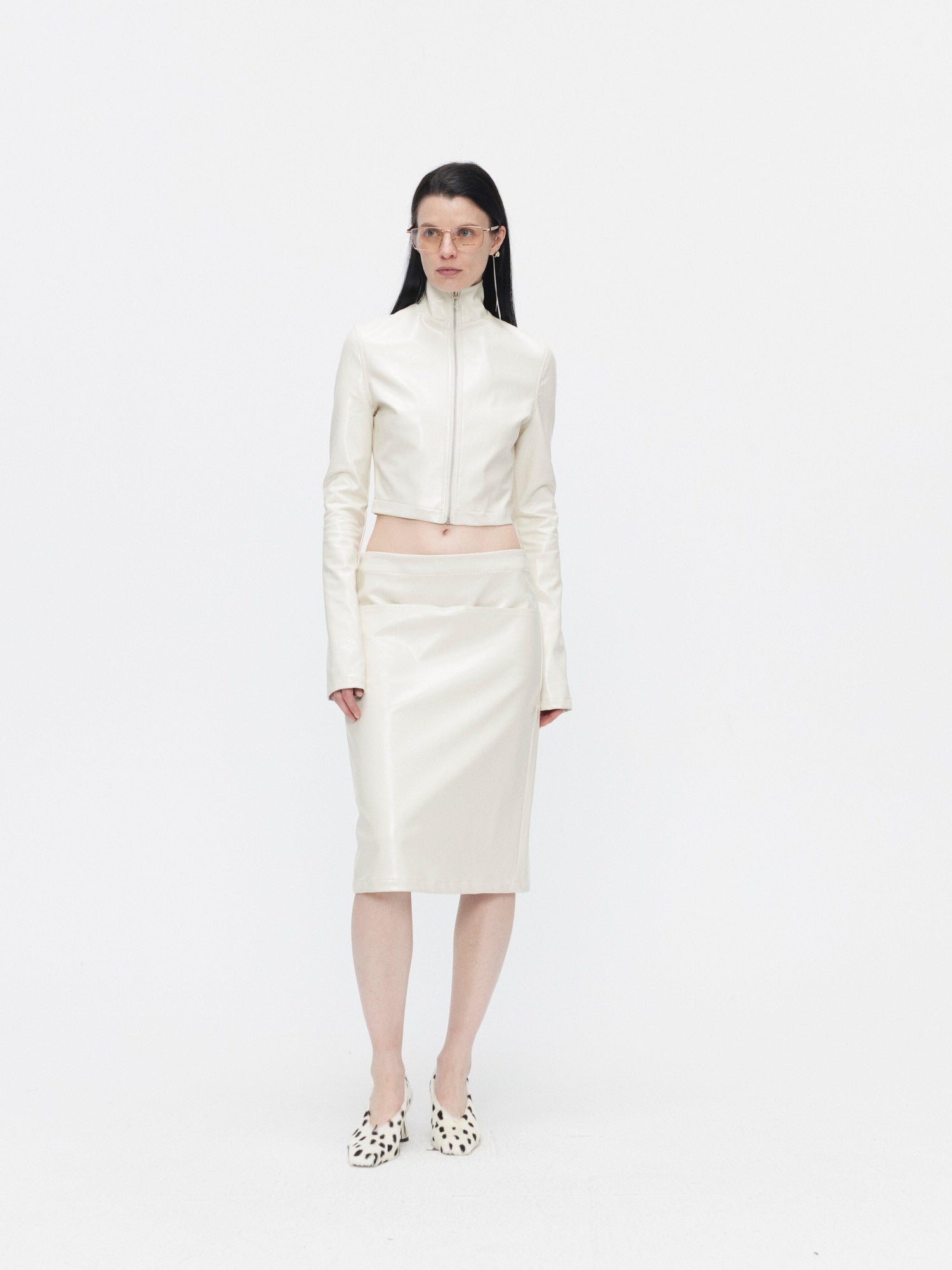 BUZHOU 3Pc Cropped Long Sleeve Loose Minimal Women White Leather Top & Skirt Sets
