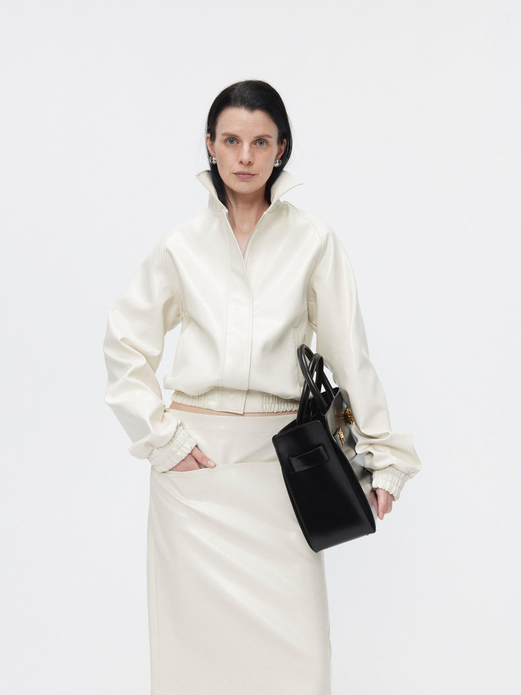 BUZHOU 3Pc Cropped Long Sleeve Loose Minimal Women White Leather Top & Skirt Sets