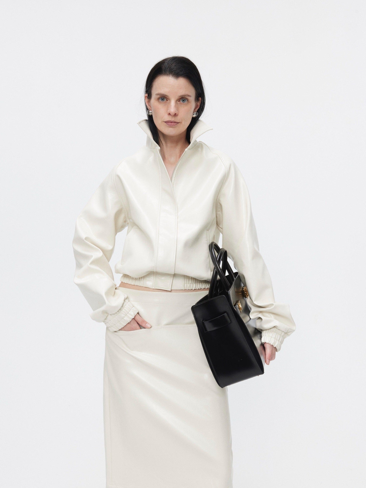 BUZHOU 3Pc Cropped Long Sleeve Loose Minimal Women White Leather Top & Skirt Sets