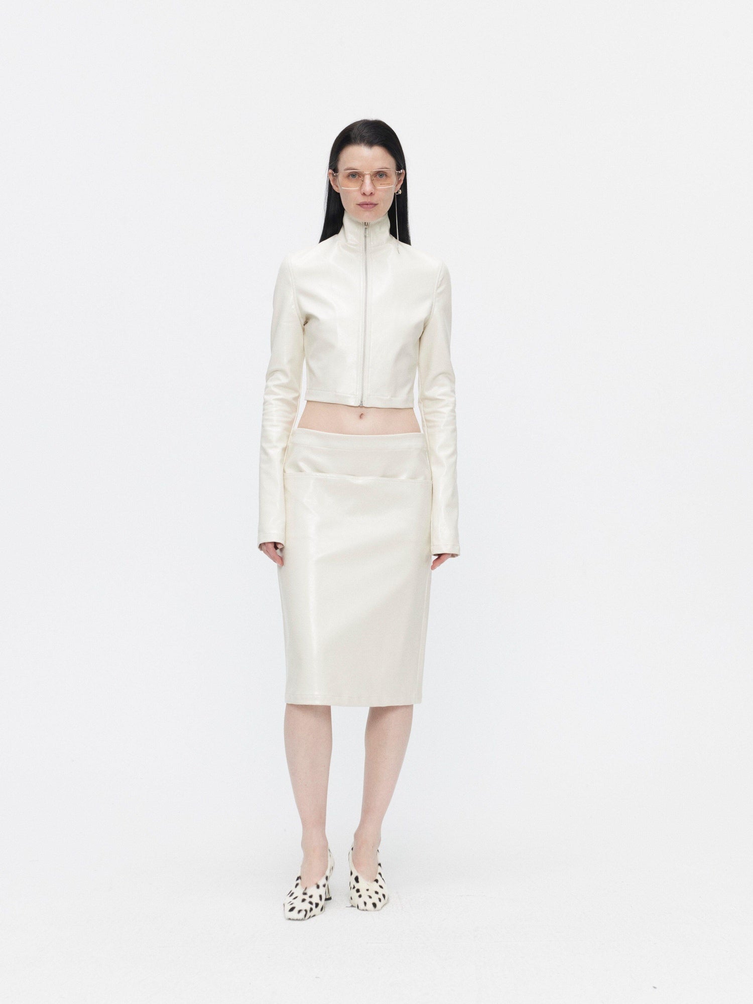 BUZHOU 3Pc Cropped Long Sleeve Loose Minimal Women White Leather Top & Skirt Sets