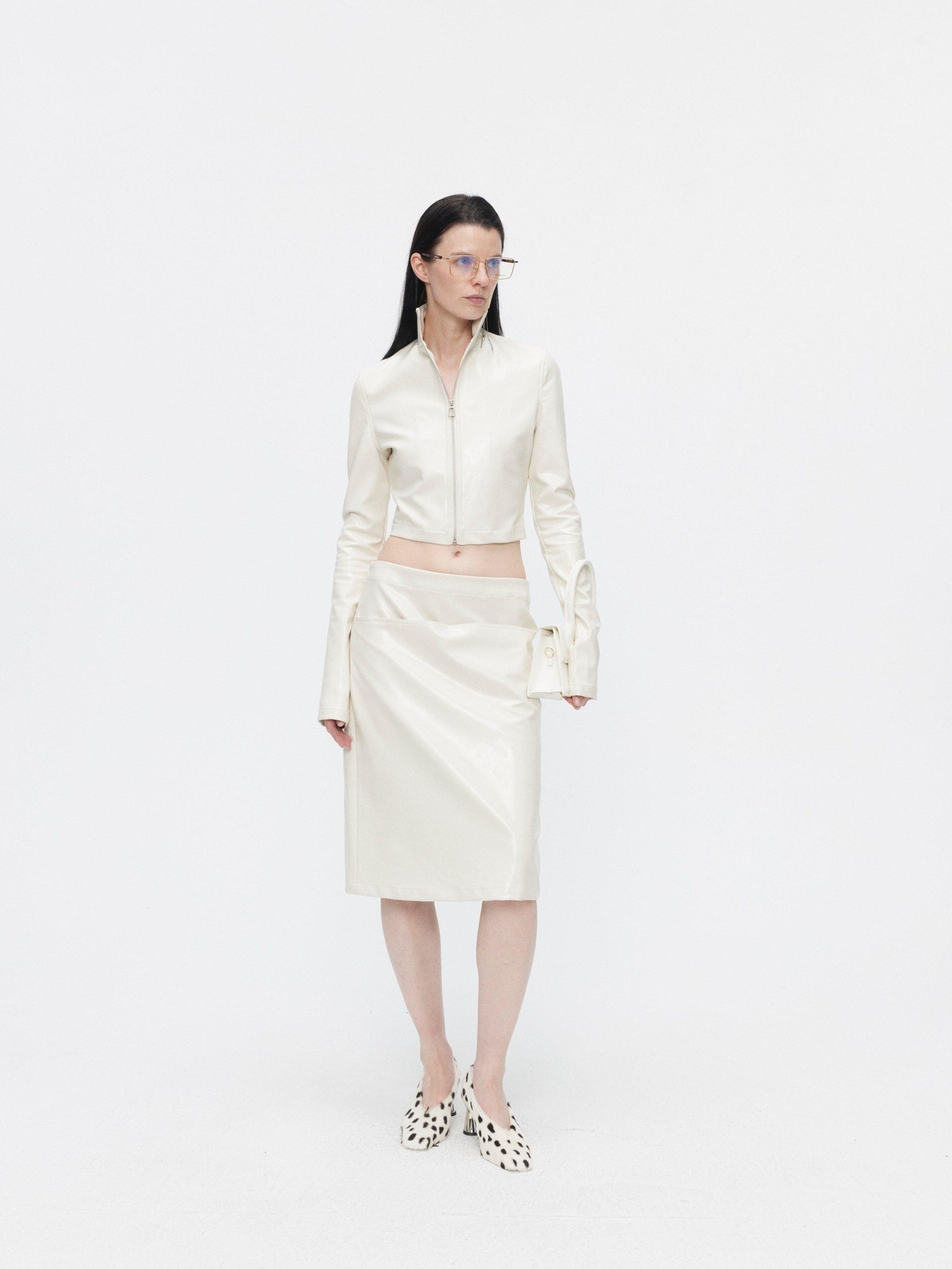 BUZHOU 3Pc Cropped Long Sleeve Loose Minimal Women White Leather Top & Skirt Sets