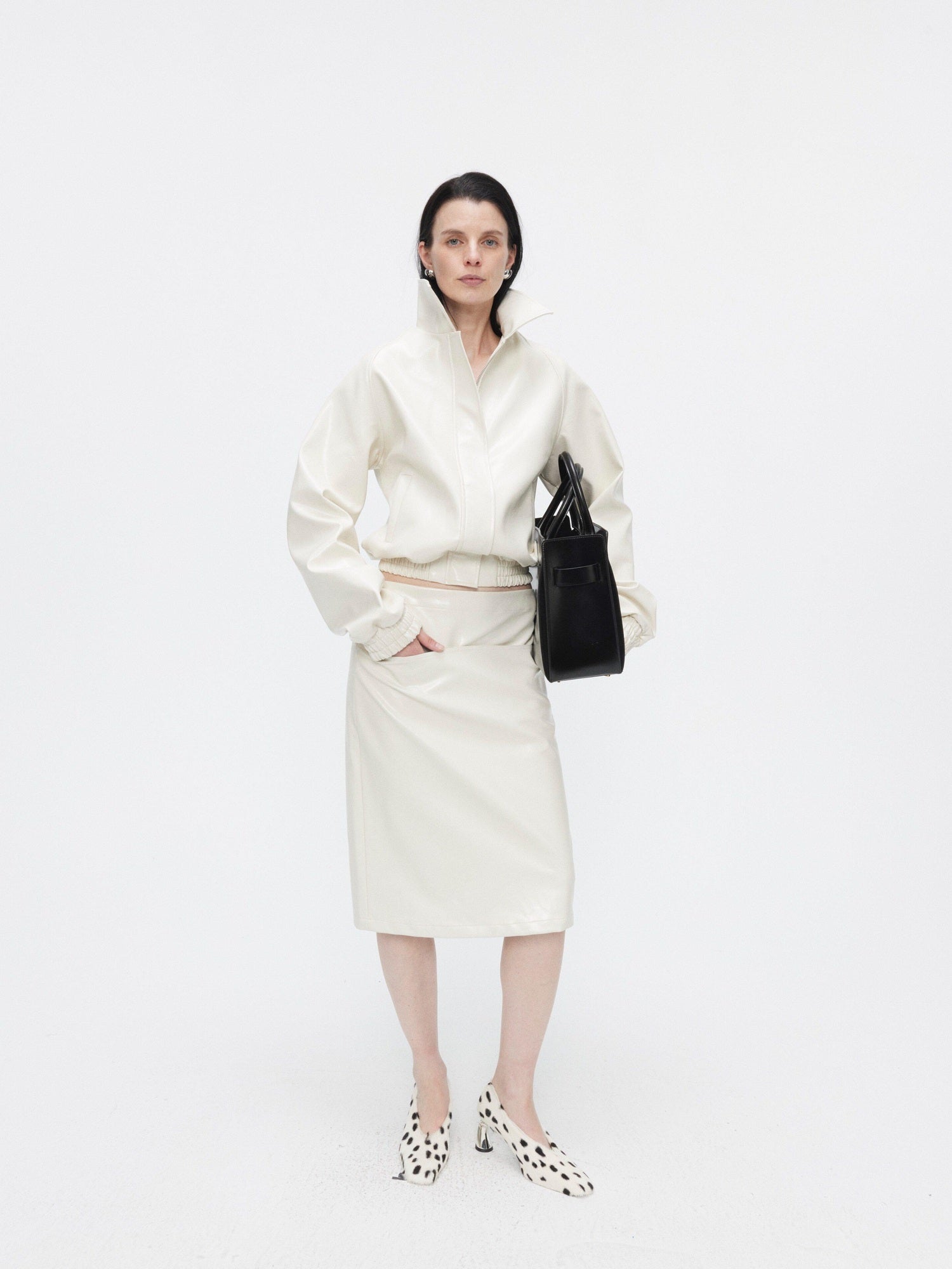 BUZHOU 3Pc Cropped Long Sleeve Loose Minimal Women White Leather Top & Skirt Sets