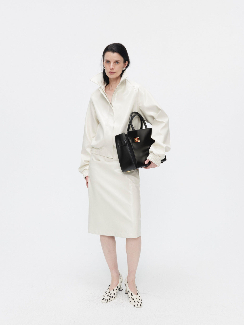 BUZHOU 3Pc Cropped Long Sleeve Loose Minimal Women White Leather Top & Skirt Sets