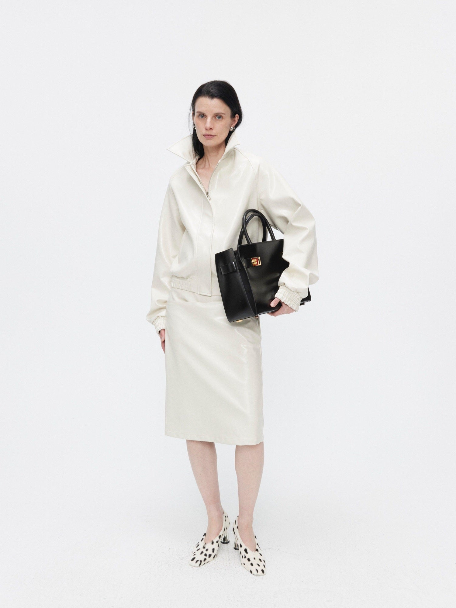 BUZHOU 3Pc Cropped Long Sleeve Loose Minimal Women White Leather Top & Skirt Sets