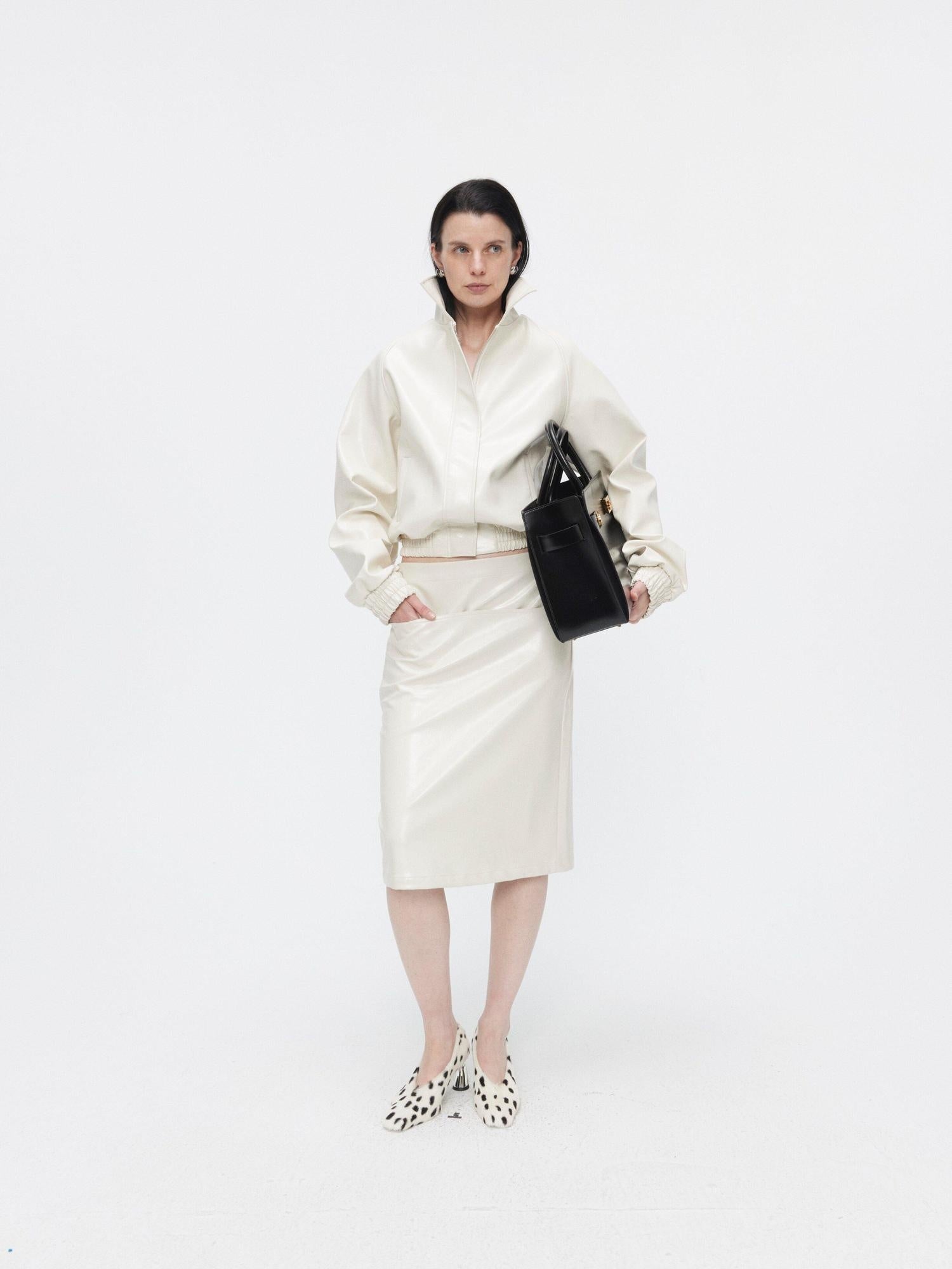 BUZHOU 3Pc Cropped Long Sleeve Loose Minimal Women White Leather Top & Skirt Sets