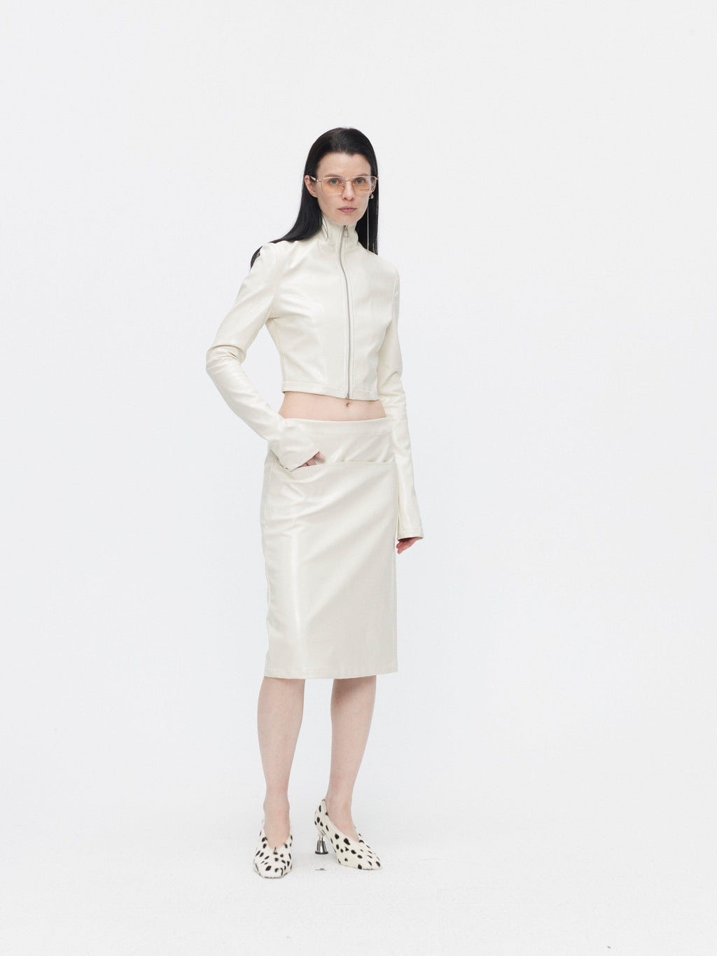 BUZHOU 3Pc Cropped Long Sleeve Loose Minimal Women White Leather Top & Skirt Sets