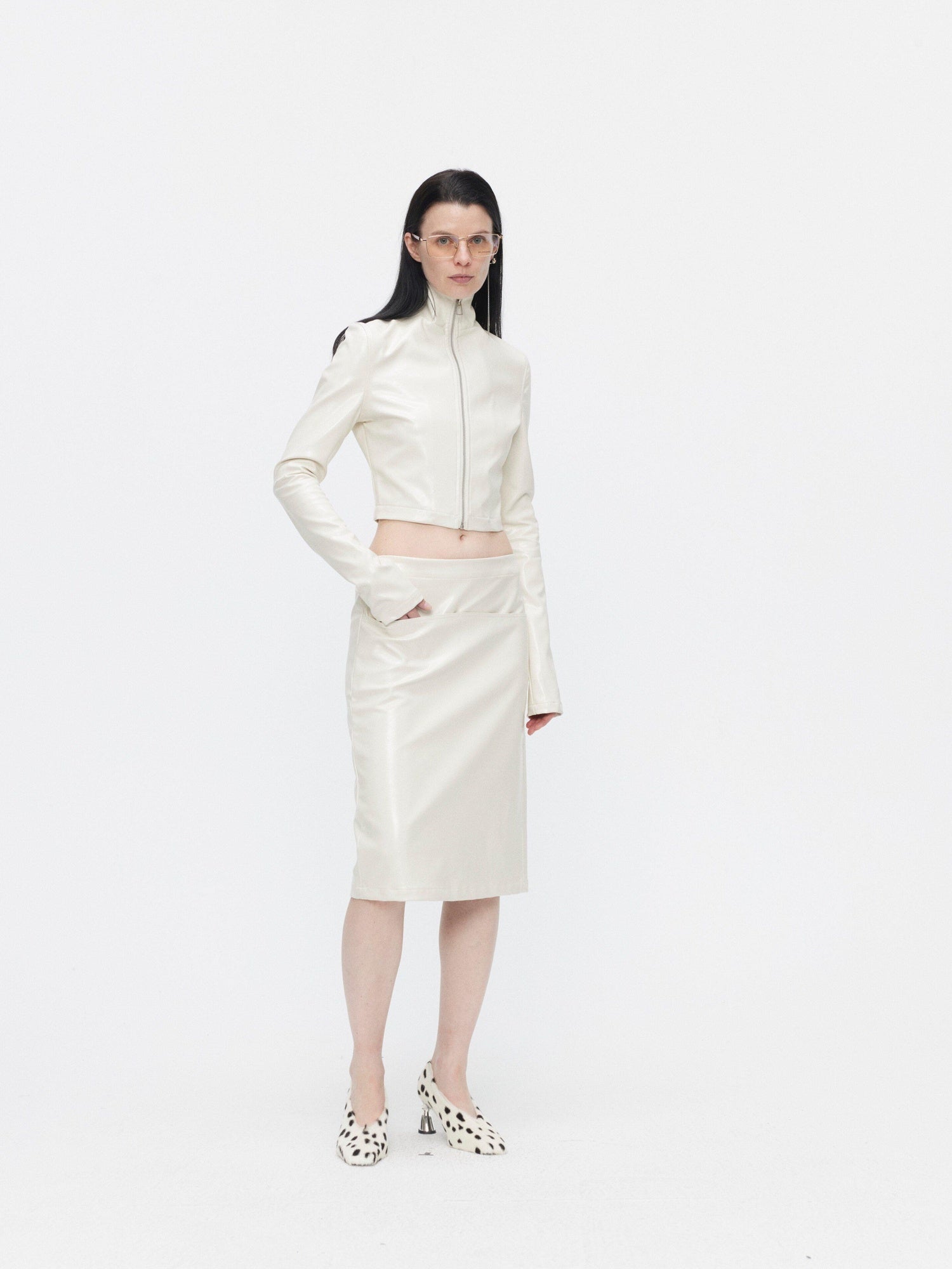 BUZHOU 3Pc Cropped Long Sleeve Loose Minimal Women White Leather Top & Skirt Sets