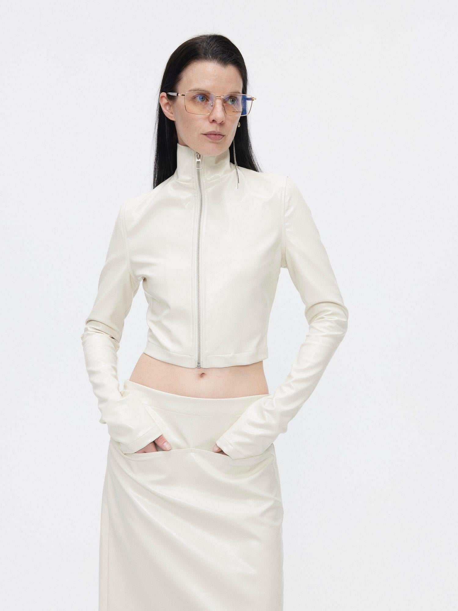 BUZHOU 3Pc Cropped Long Sleeve Loose Minimal Women White Leather Top & Skirt Sets