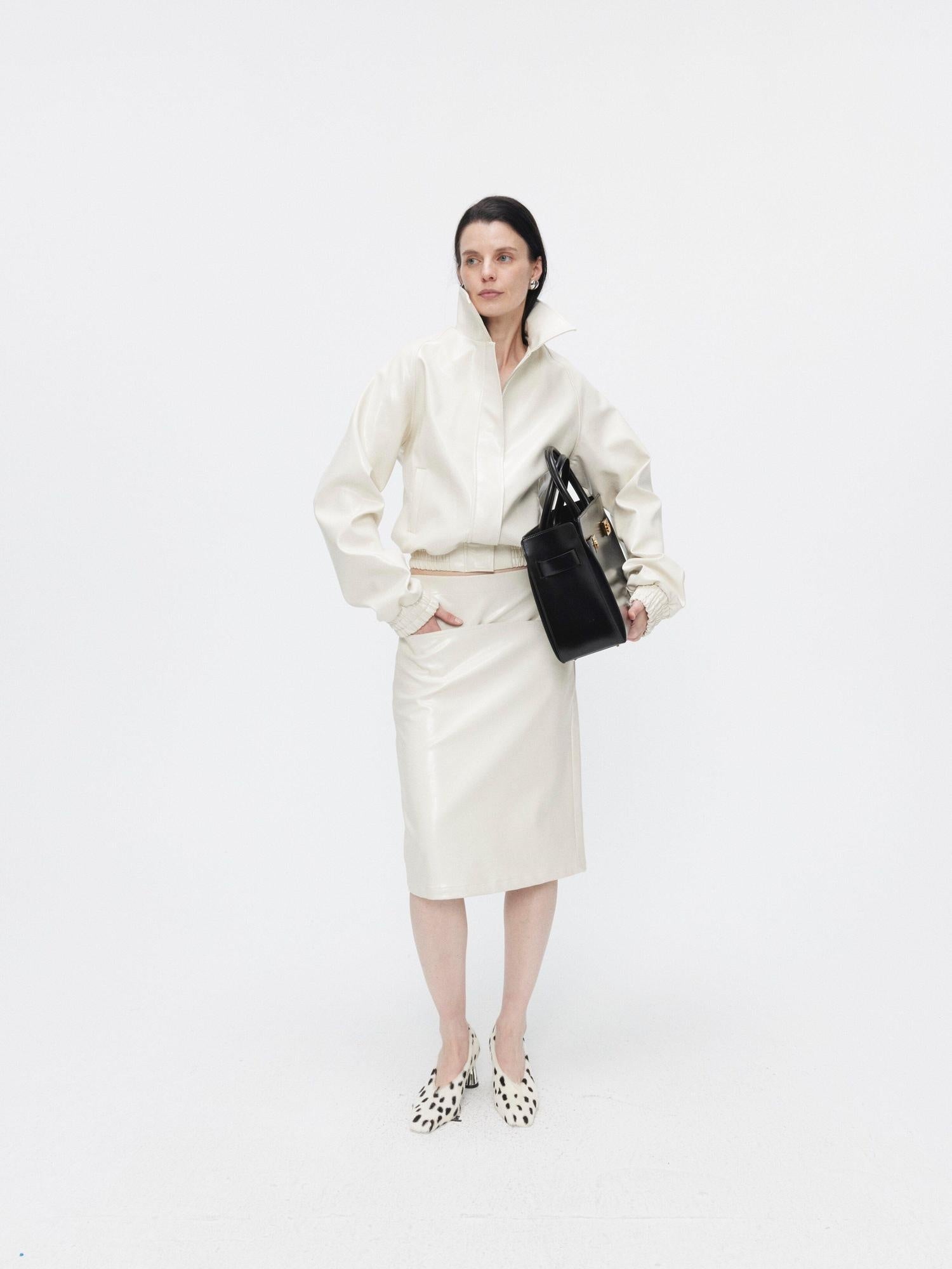 BUZHOU 3Pc Cropped Long Sleeve Loose Minimal Women White Leather Top & Skirt Sets