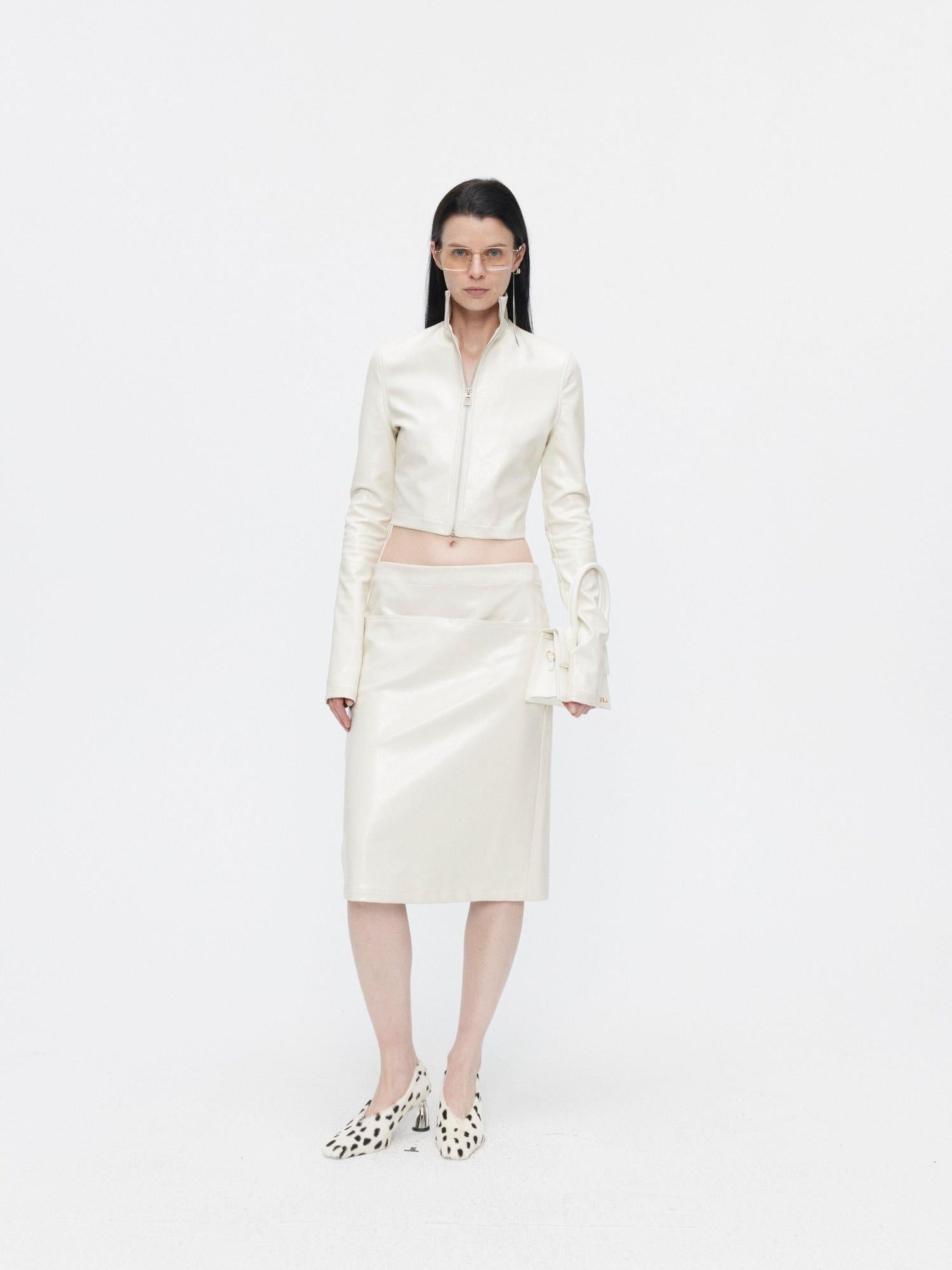 BUZHOU 3Pc Cropped Long Sleeve Loose Minimal Women White Leather Top & Skirt Sets