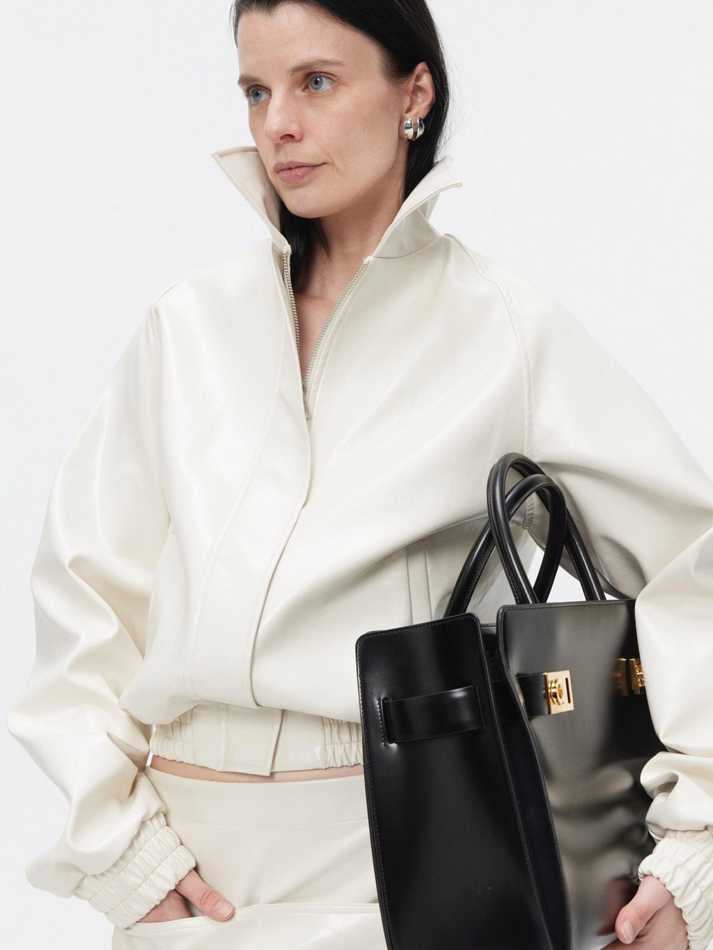 BUZHOU 3Pc Cropped Long Sleeve Loose Minimal Women White Leather Top & Skirt Sets