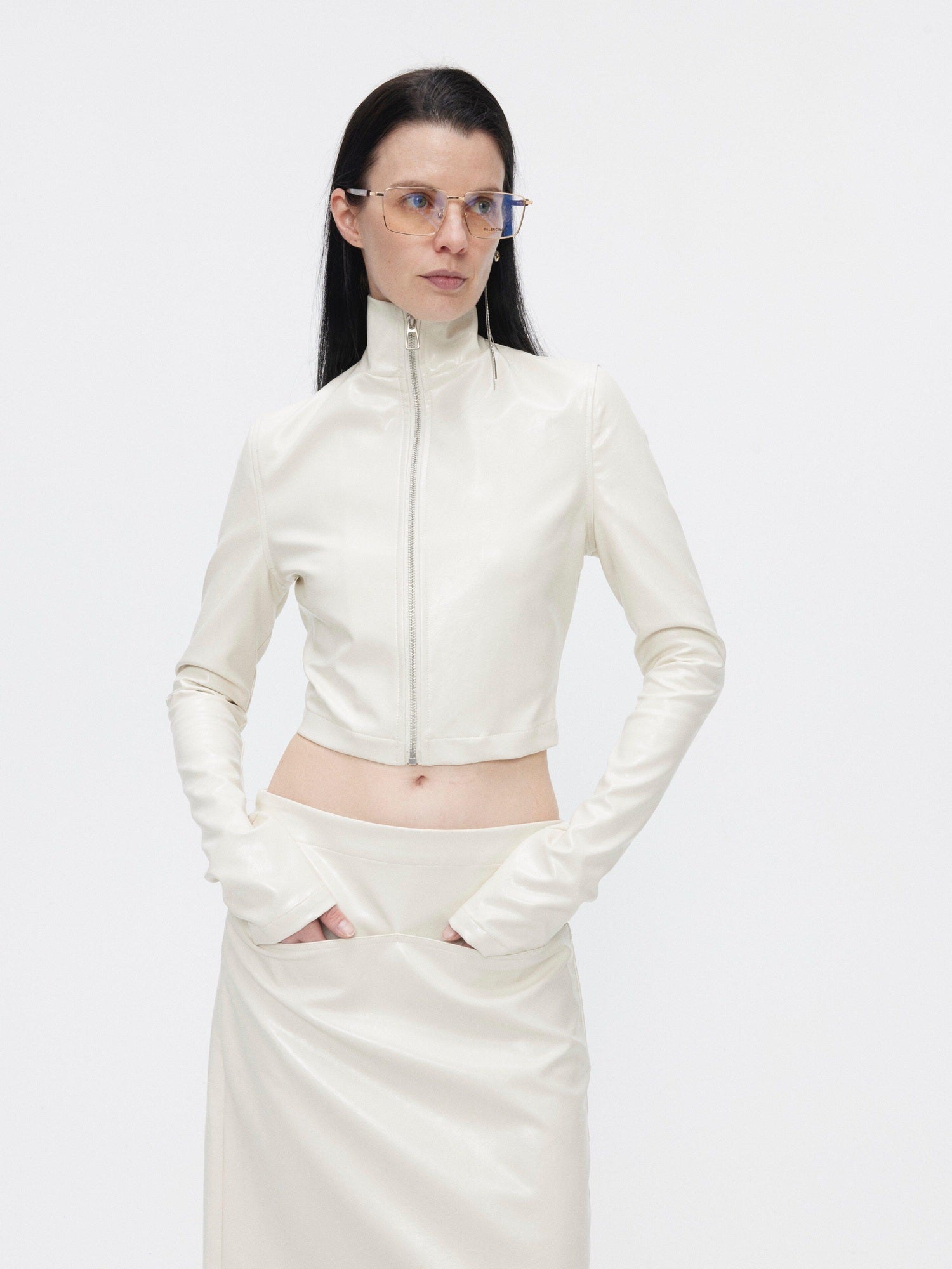 BUZHOU 3Pc Cropped Long Sleeve Loose Minimal Women White Leather Top & Skirt Sets