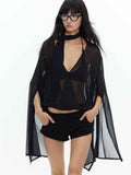 BUZHOU_Adjustable_Chiffon_V-neck_Loose_Long_Sleeve_Black_Relaxed_Top_&_Shorts_Sets_MISSTT