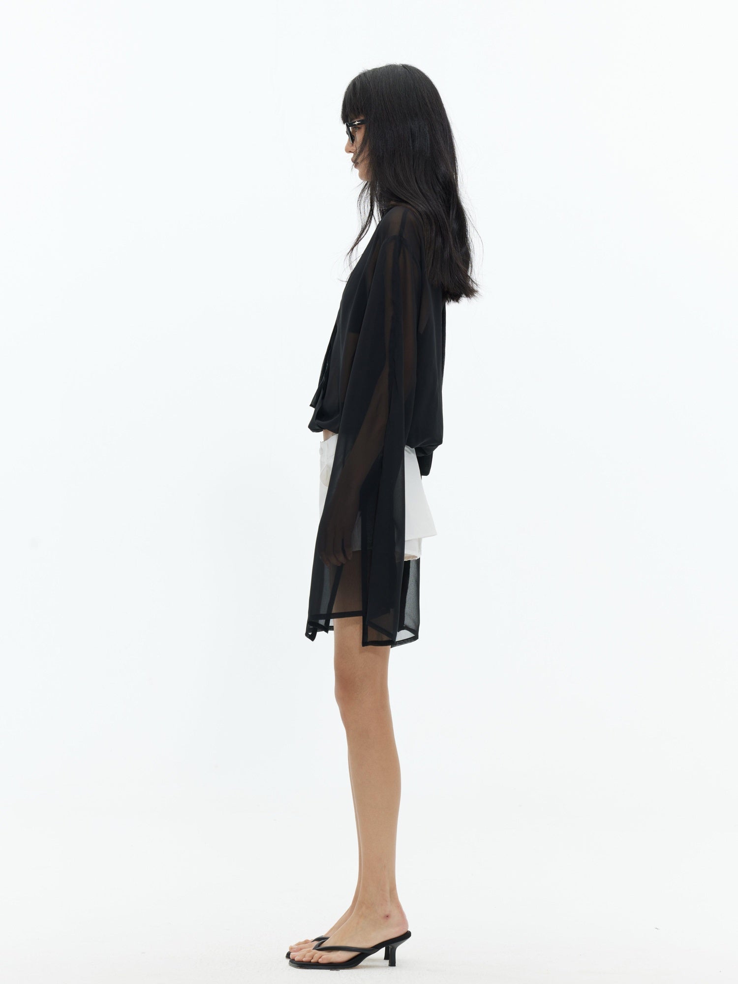 BUZHOU Adjustable Chiffon V-neck Loose Long Sleeve Black Relaxed Top & Shorts Sets