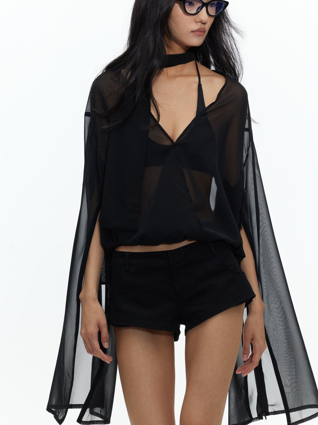 BUZHOU Adjustable Chiffon V-neck Loose Long Sleeve Black Relaxed Top & Shorts Sets