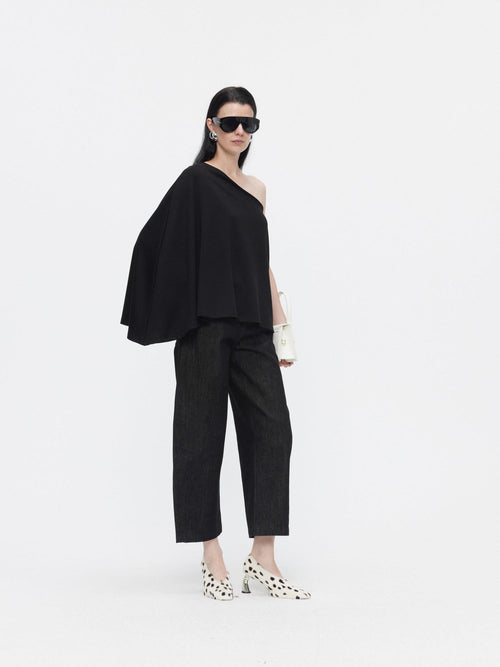 BUZHOU Asymmetric One Shoulder Knit Minimalist Loose Fit Women Black Oversized T-Shirts