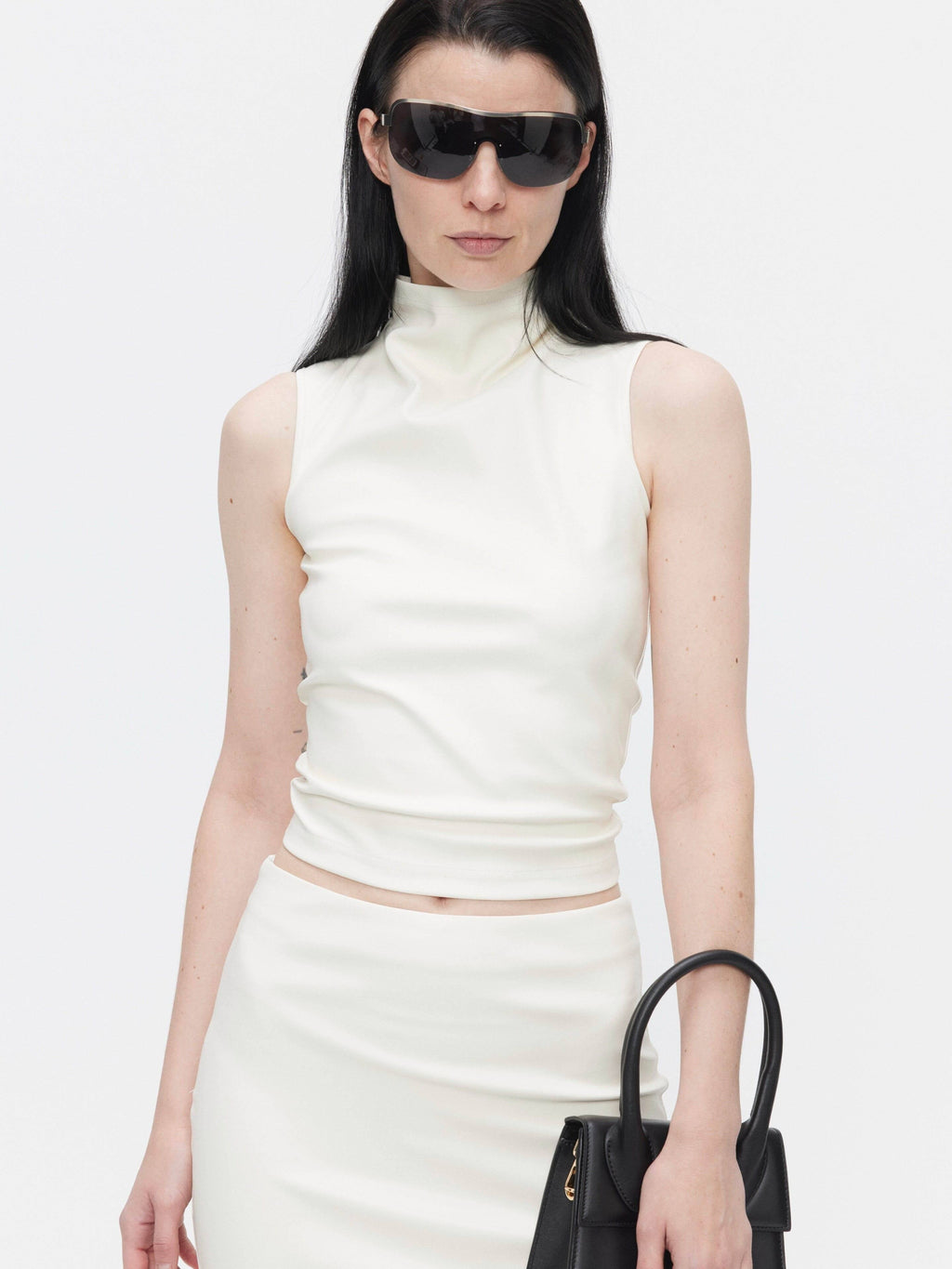 BUZHOU_Beige_Leather_High_Neck_Sleeveless_Crop_Vest_Fitted_Bodycon_Top_&_Skirt_Sets_MISSTT