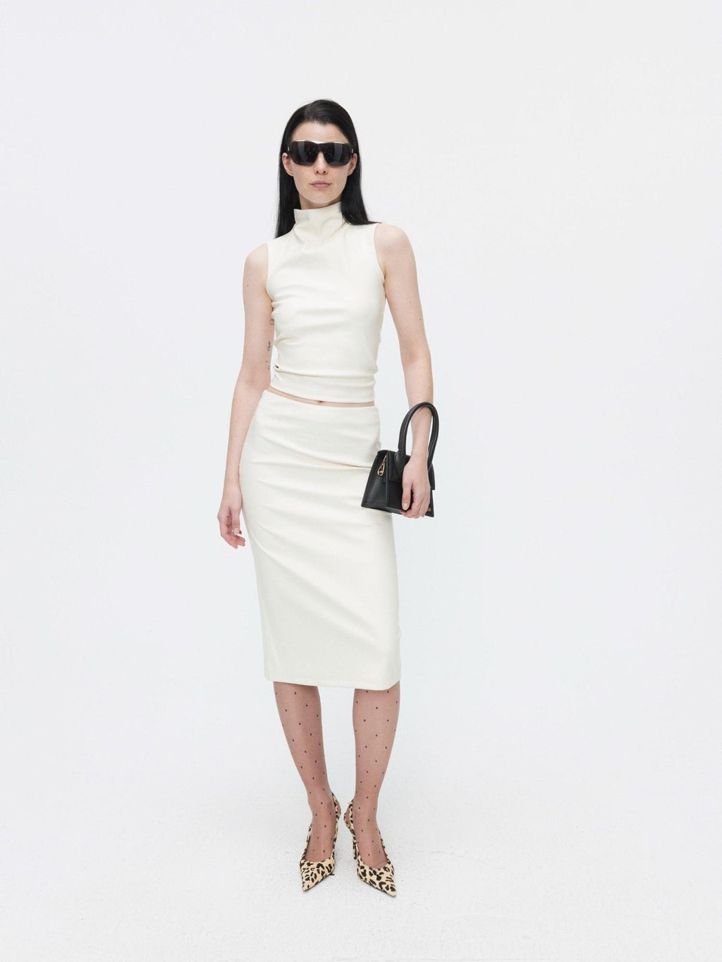 BUZHOU Beige Leather High Neck Sleeveless Crop Vest Fitted Bodycon Top & Skirt Sets