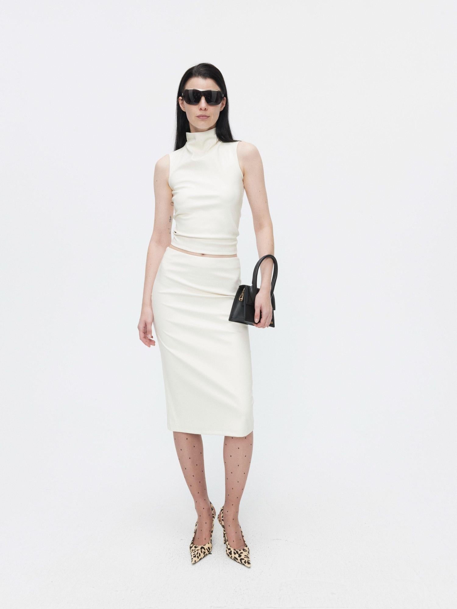 BUZHOU Beige Leather High Neck Sleeveless Crop Vest Fitted Bodycon Top & Skirt Sets