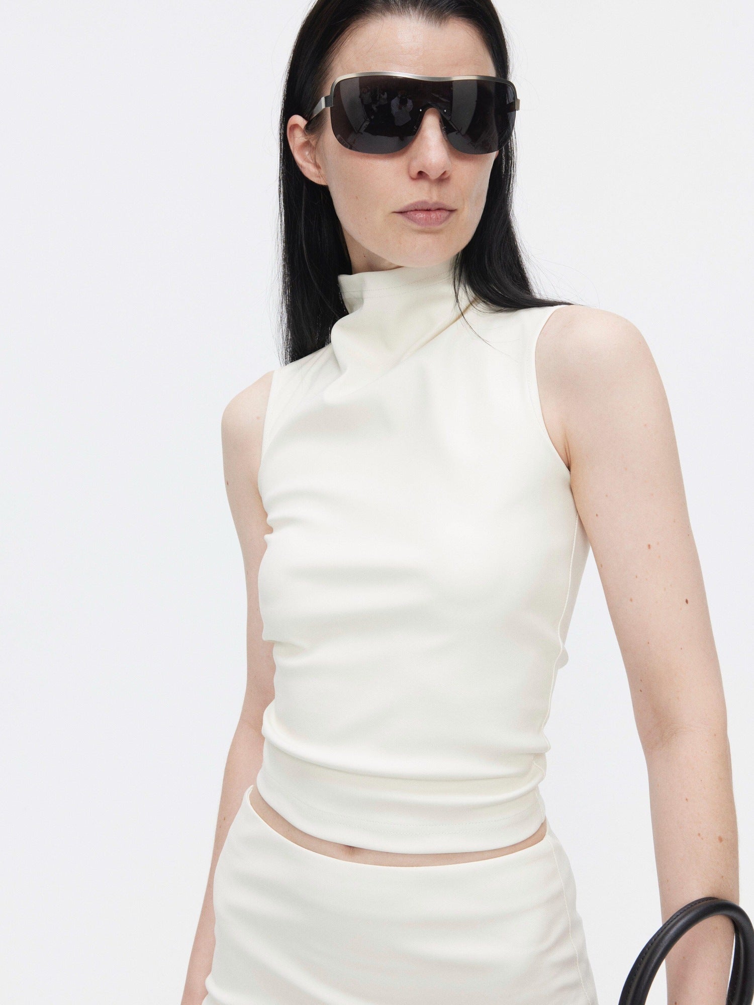 BUZHOU Beige Leather High Neck Sleeveless Crop Vest Fitted Bodycon Top & Skirt Sets