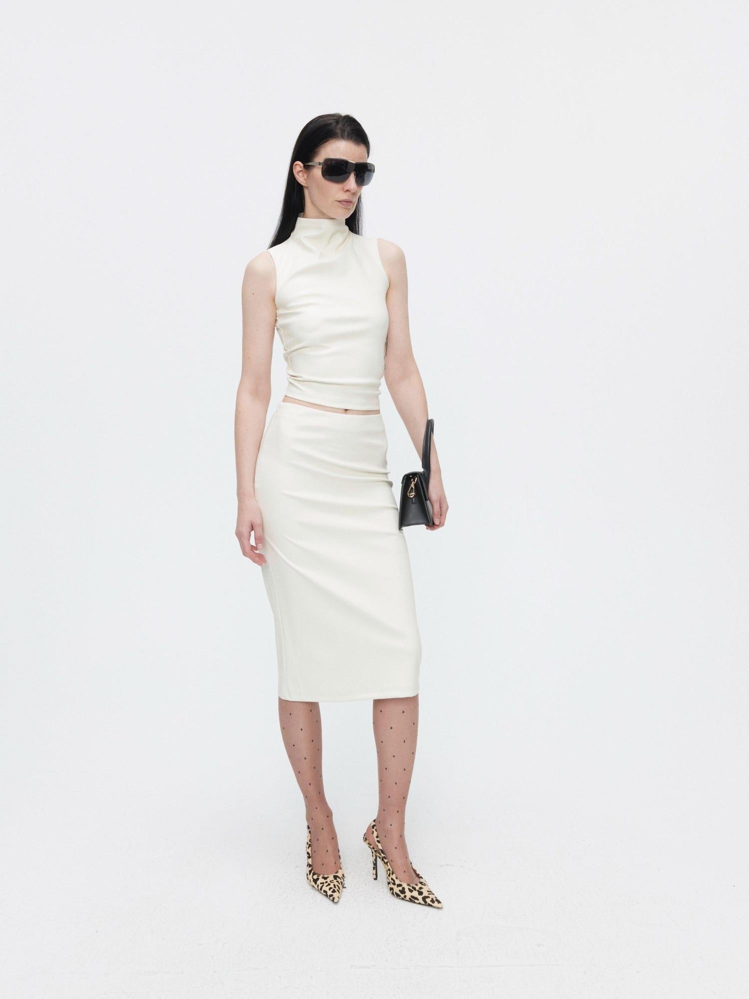 BUZHOU Beige Leather High Neck Sleeveless Crop Vest Fitted Bodycon Top & Skirt Sets