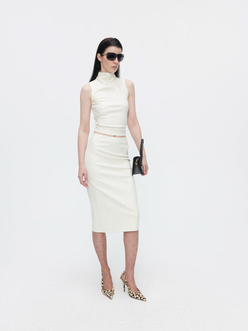 BUZHOU Beige Leather High Neck Sleeveless Crop Vest Fitted Bodycon Top & Skirt Sets