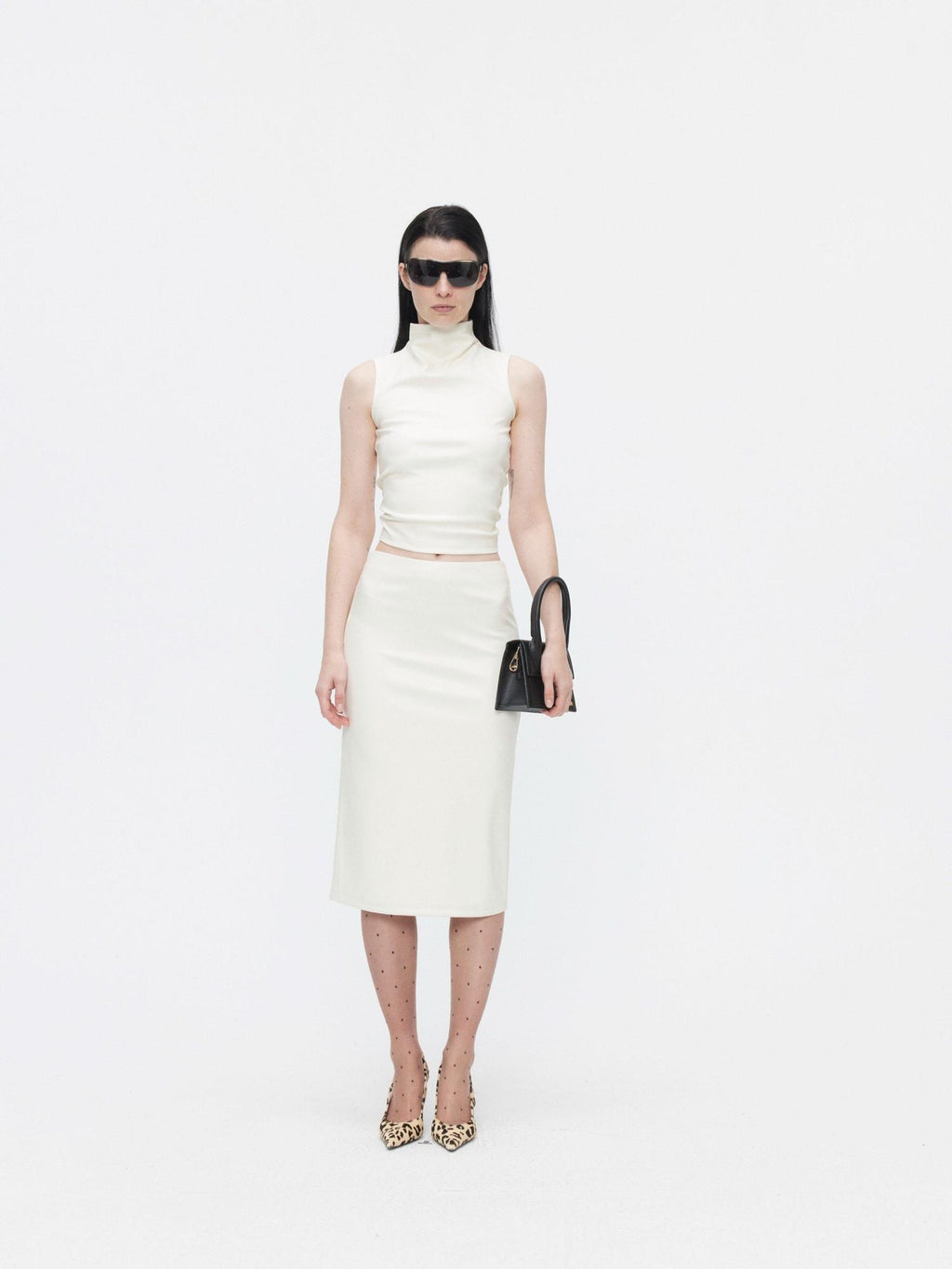 BUZHOU Beige Leather High Neck Sleeveless Crop Vest Fitted Bodycon Top & Skirt Sets
