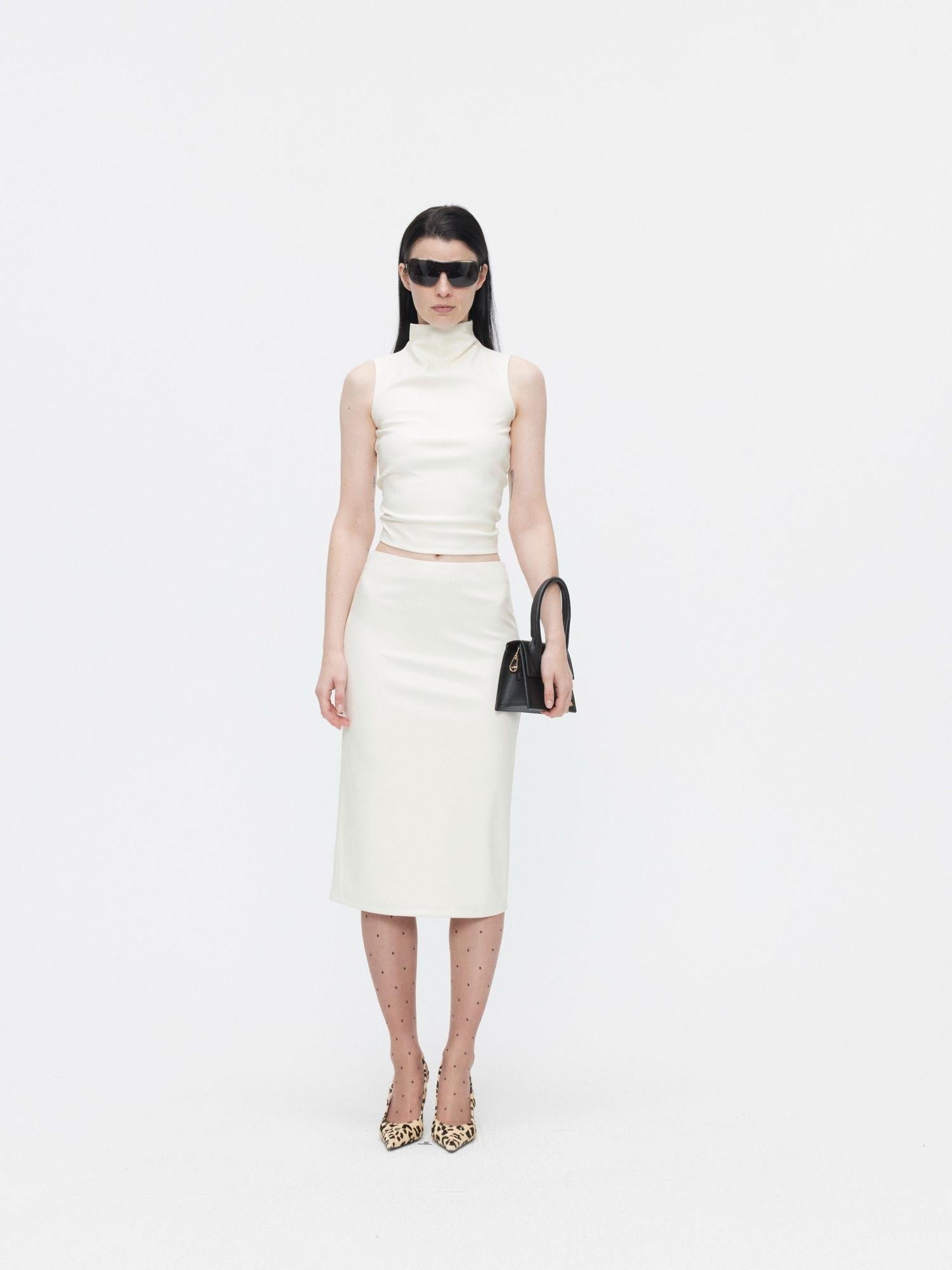 BUZHOU Beige Leather High Neck Sleeveless Crop Vest Fitted Bodycon Top & Skirt Sets