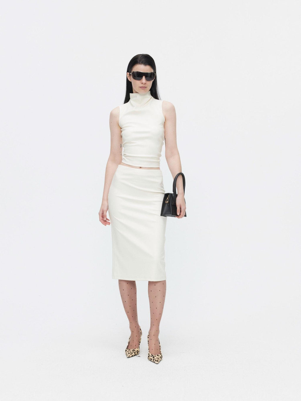 BUZHOU Beige Leather High Neck Sleeveless Crop Vest Fitted Bodycon Top & Skirt Sets
