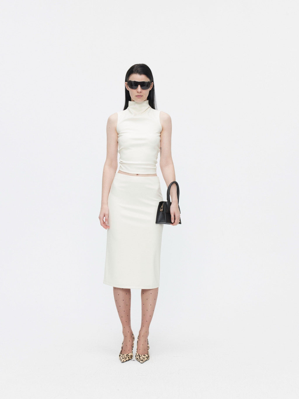 BUZHOU Beige Leather High Neck Sleeveless Crop Vest Fitted Bodycon Top & Skirt Sets