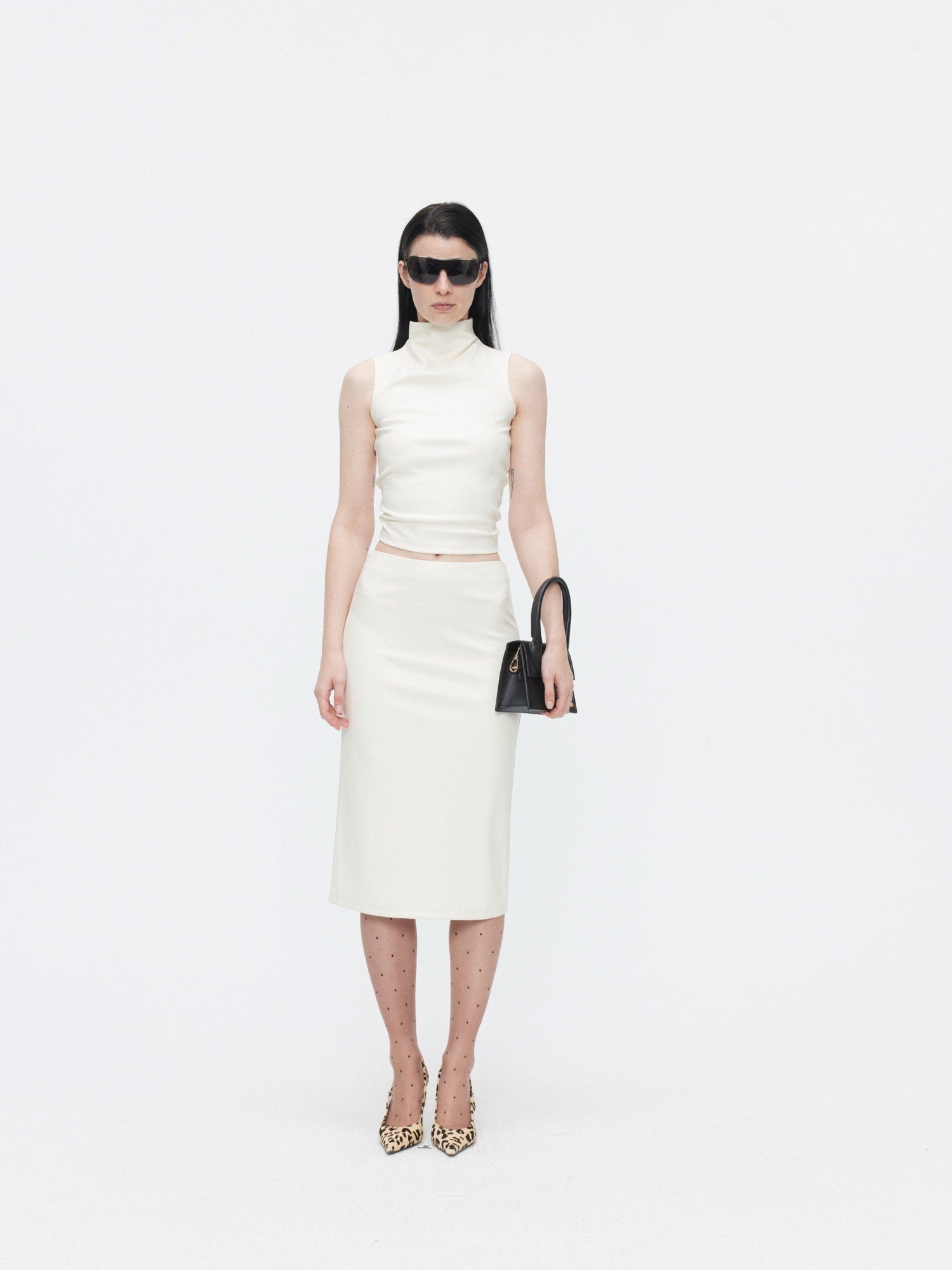 BUZHOU Beige Leather High Neck Sleeveless Crop Vest Fitted Bodycon Top & Skirt Sets