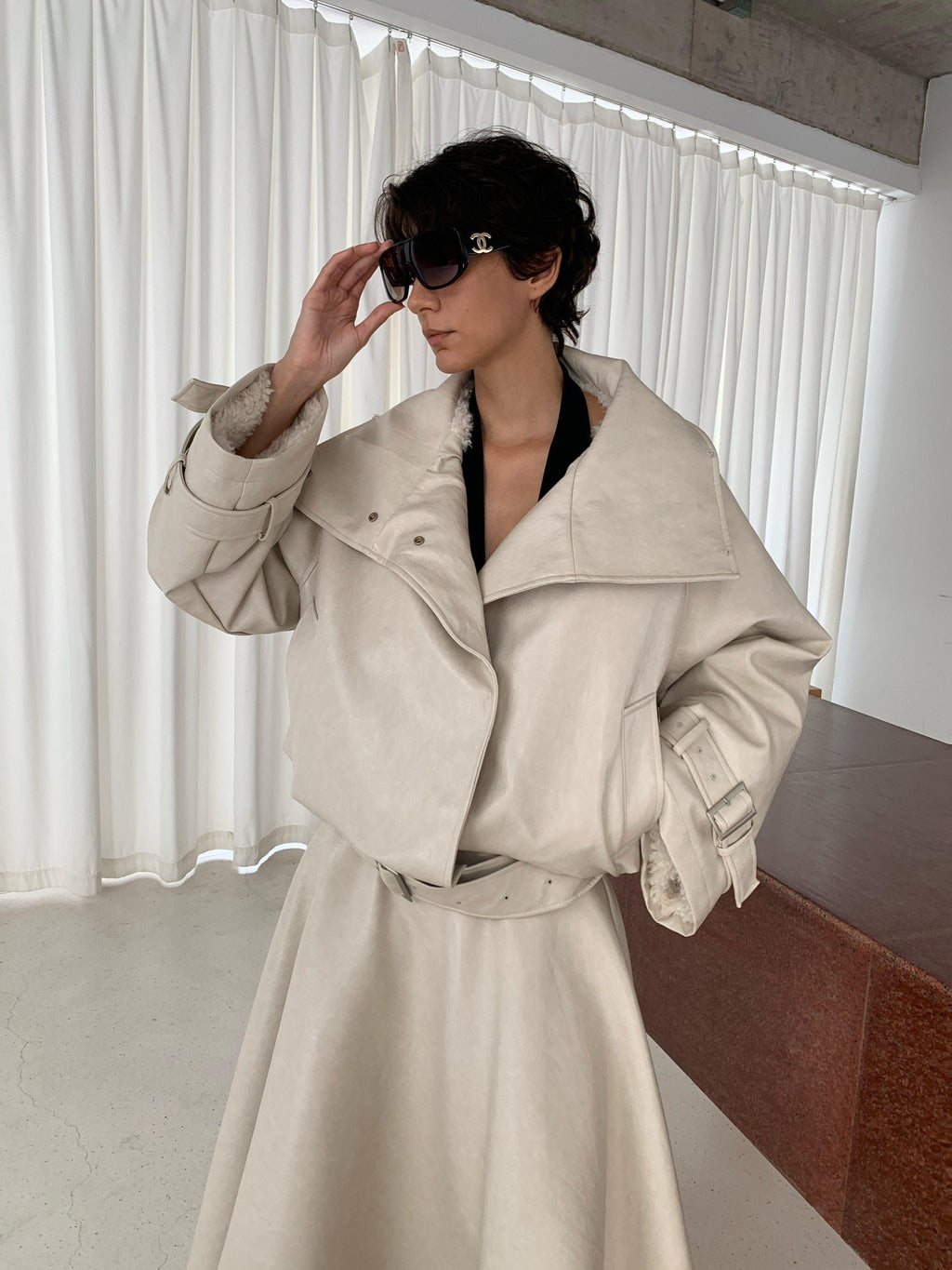 BUZHOU Chic Pu Low Waist A Line Cleanfit Beige City Commuting Ladies Maxi Skirts