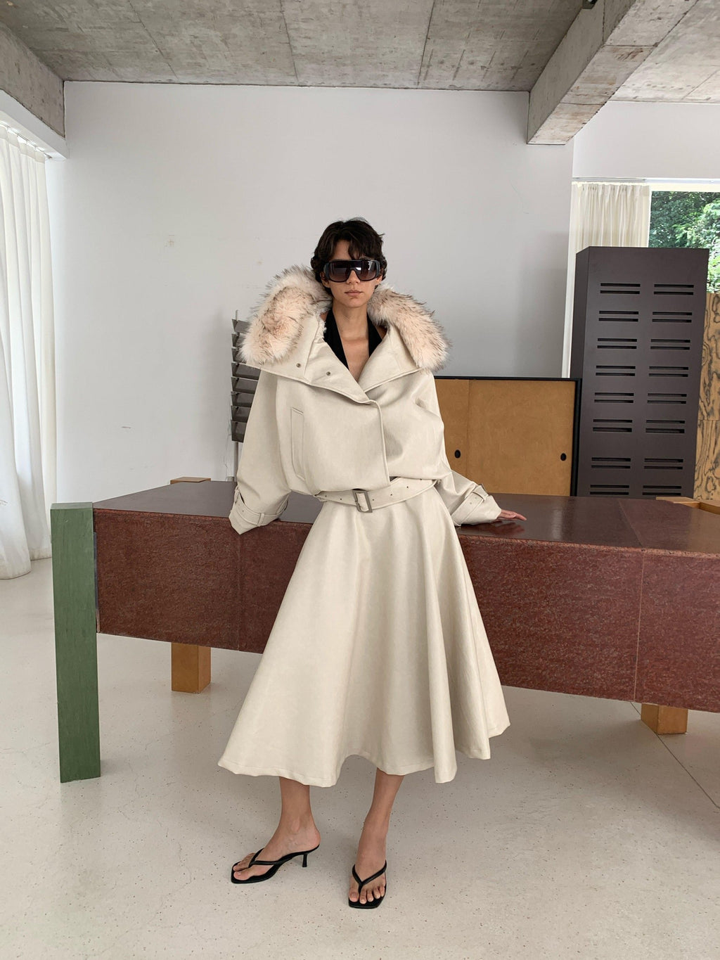BUZHOU Chic Pu Low Waist A Line Cleanfit Beige City Commuting Ladies Maxi Skirts