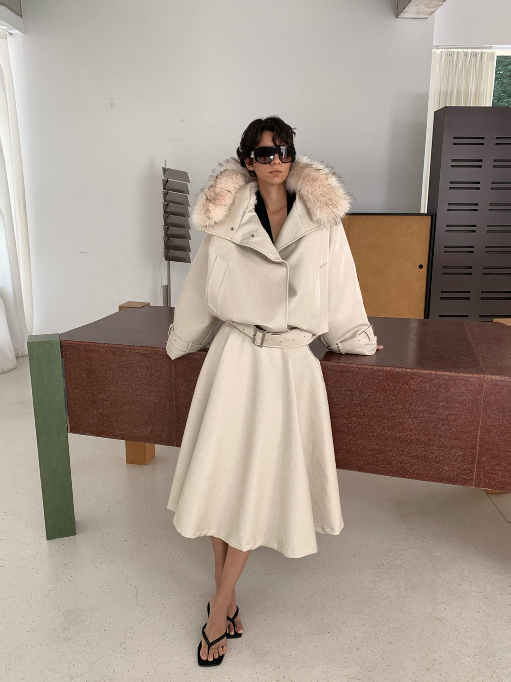 BUZHOU Chic Pu Low Waist A Line Cleanfit Beige City Commuting Ladies Maxi Skirts