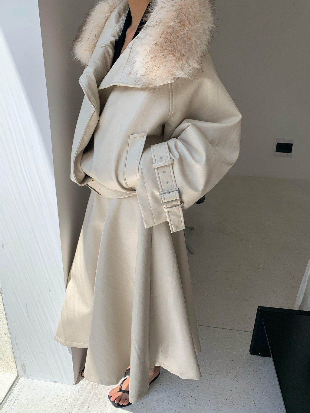 BUZHOU Chic Pu Low Waist A Line Cleanfit Beige City Commuting Ladies Maxi Skirts