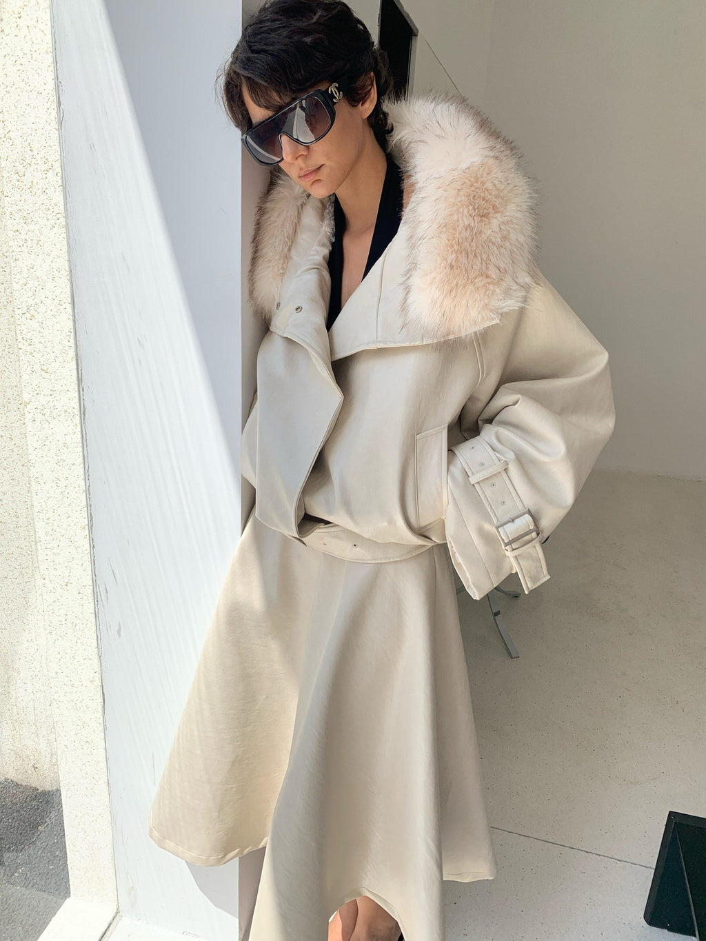 BUZHOU Chic Pu Low Waist A Line Cleanfit Beige City Commuting Ladies Maxi Skirts