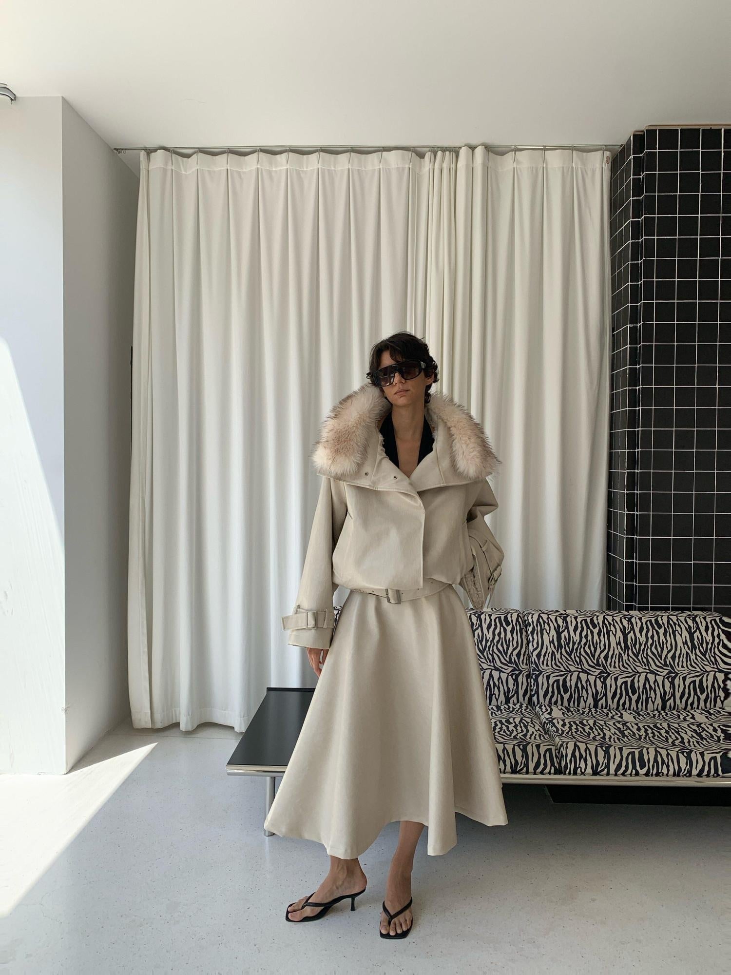 BUZHOU Chic Pu Low Waist A Line Cleanfit Beige City Commuting Ladies Maxi Skirts
